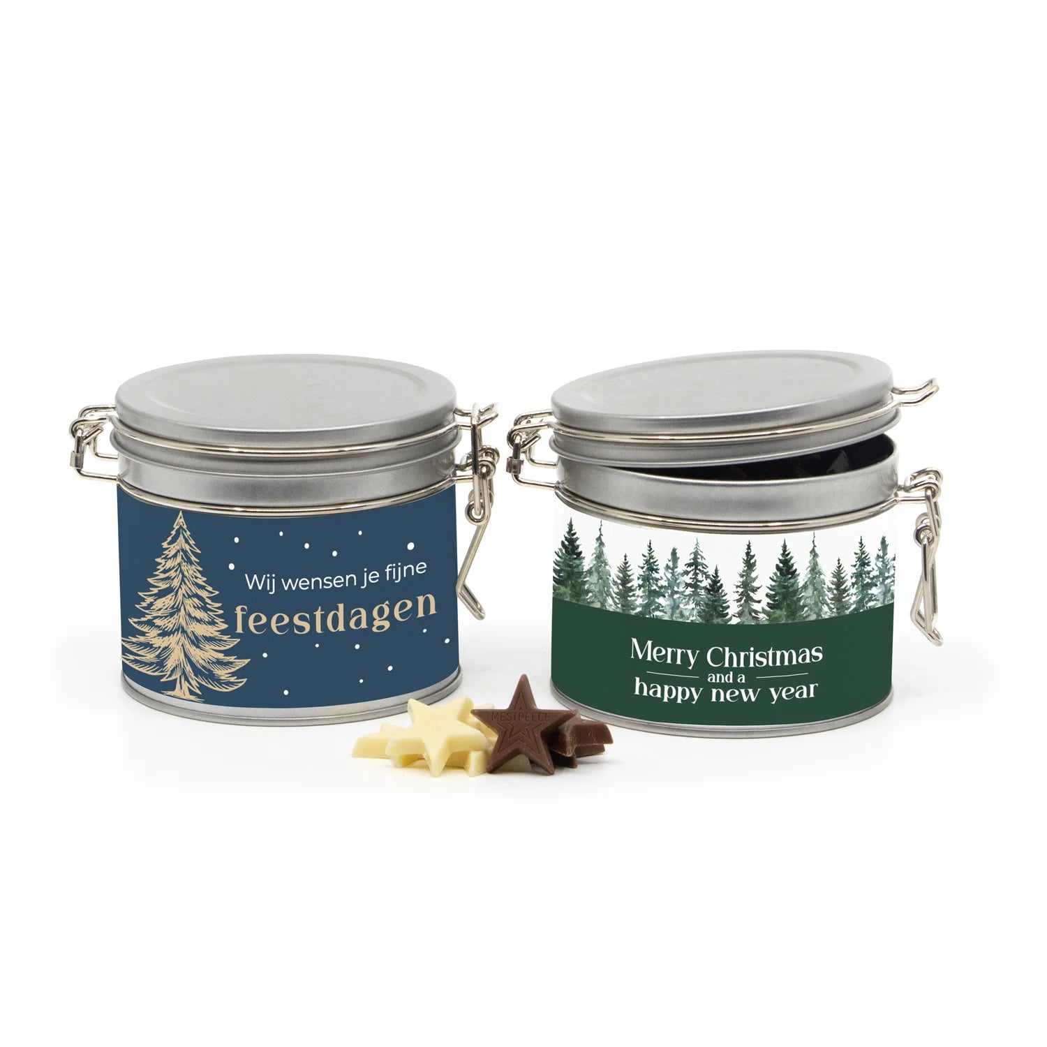 Beugelblik medium met chocolade en eigen wikkel - Kerst - Bedankjes.nl