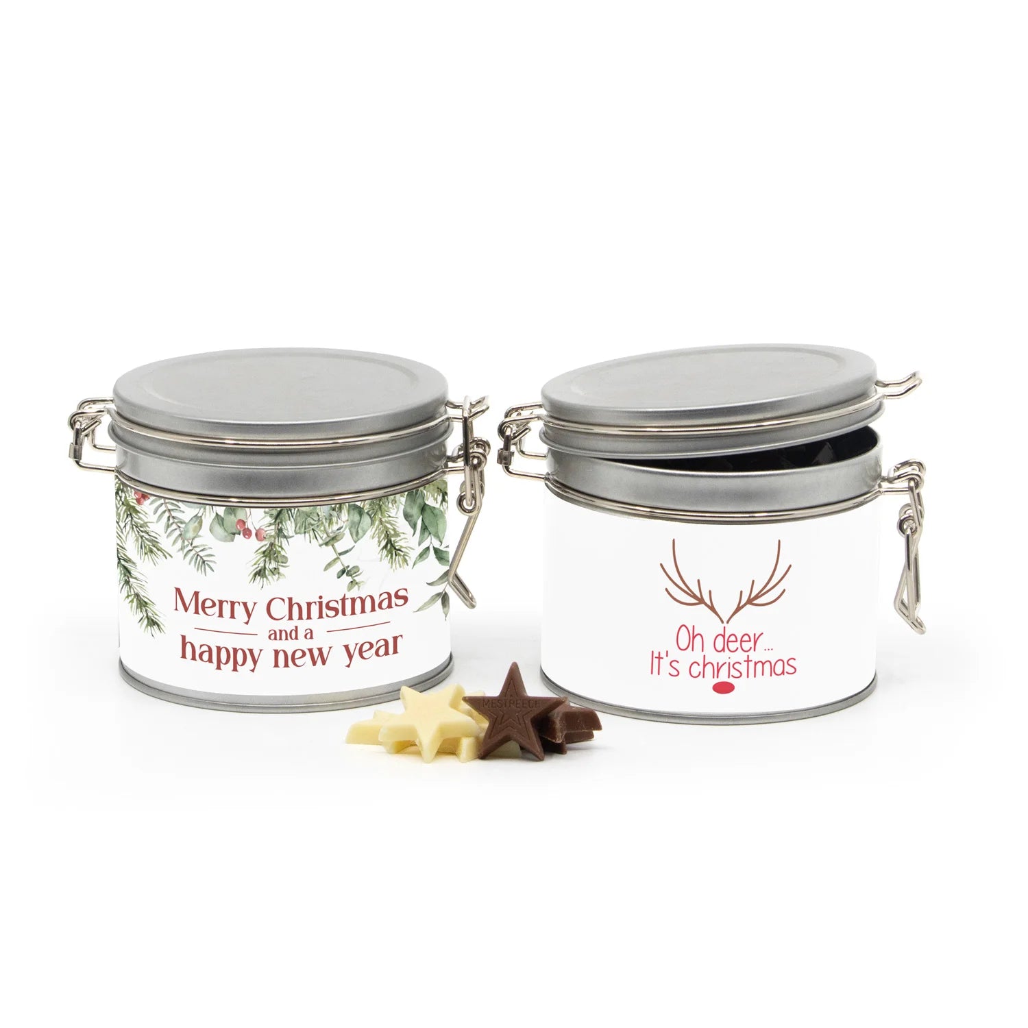 Beugelblik medium met chocolade en eigen wikkel - Kerst - Bedankjes.nl