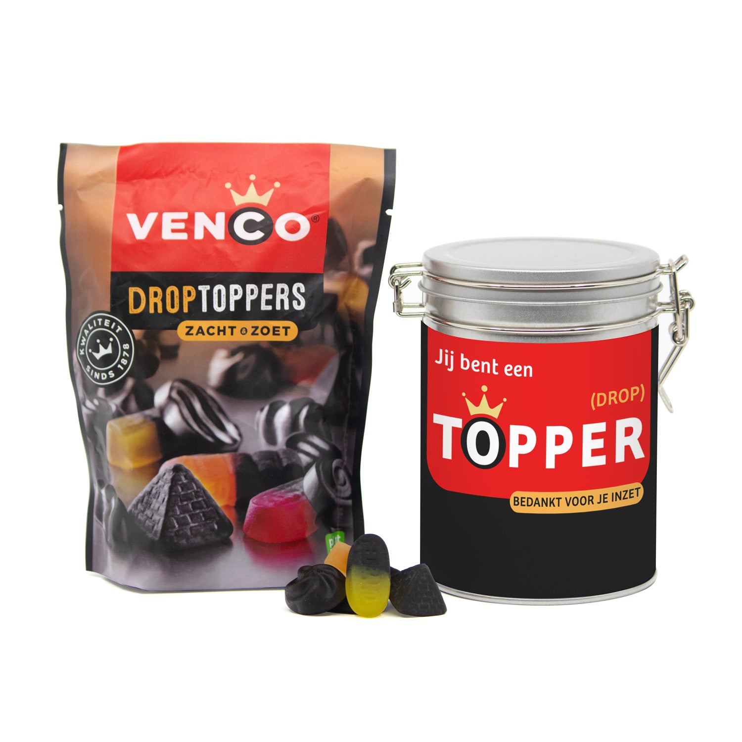 Droptoppers in een beugelblik met eigen wikkel- Zakelijk - Bedankjes.nl