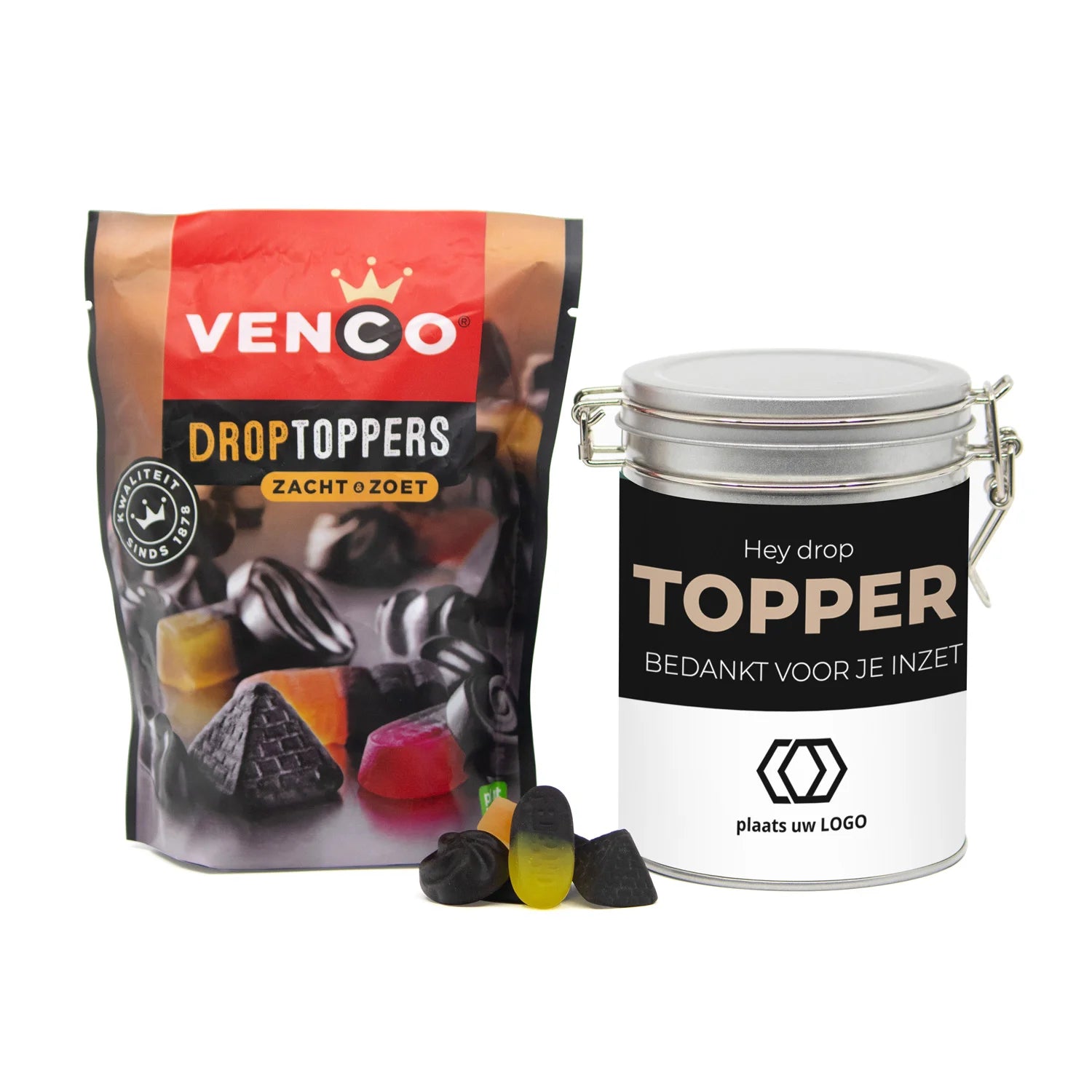 Droptoppers in een beugelblik met eigen wikkel- Vrijwilliger - Bedankjes.nl
