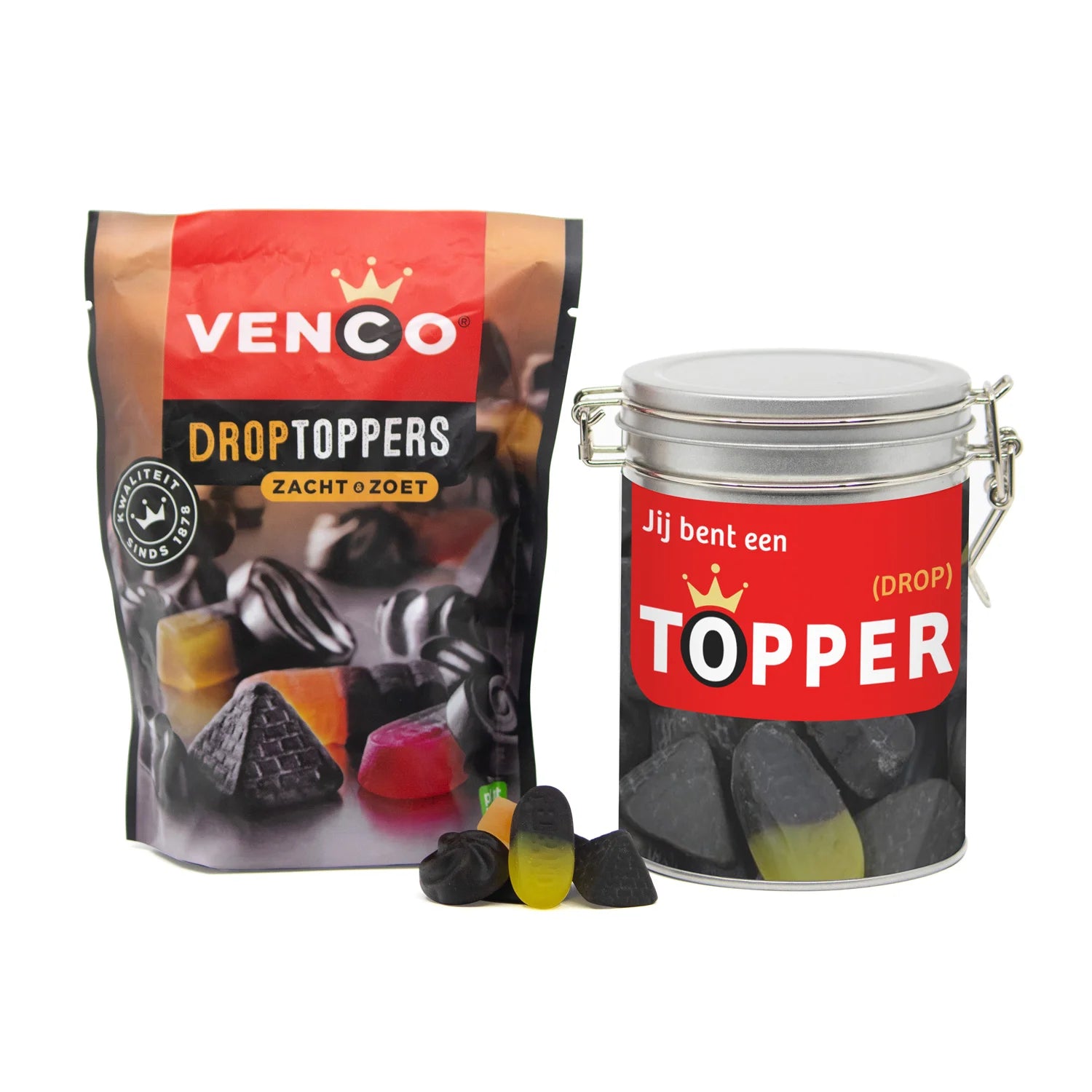 Droptoppers in een beugelblik met eigen wikkel- Zakelijk - Bedankjes.nl