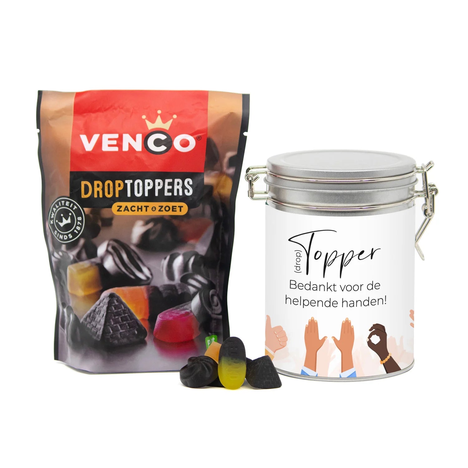Droptoppers in een beugelblik met eigen wikkel- Vrijwilliger - Bedankjes.nl