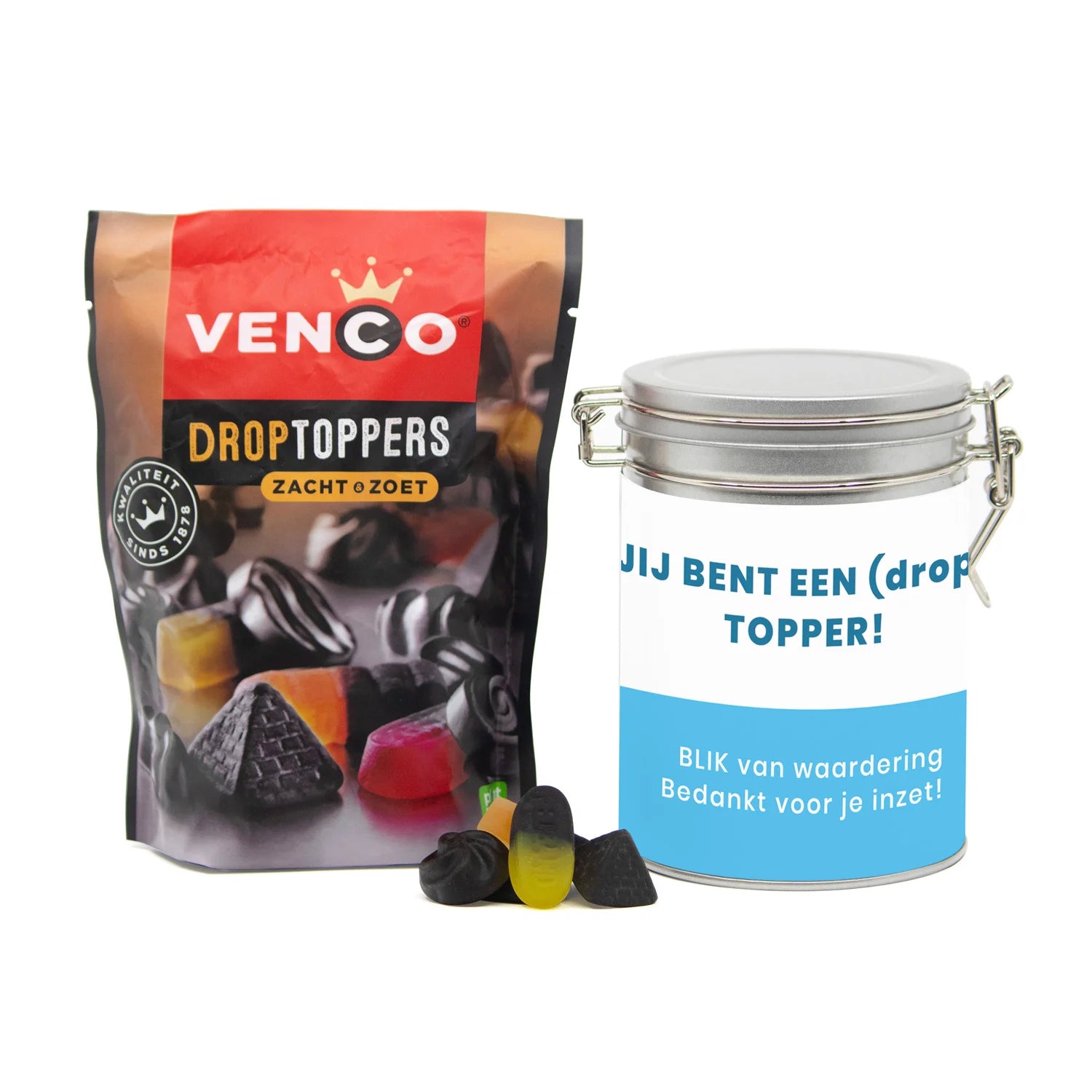 Droptoppers in een beugelblik met eigen wikkel- Zakelijk - Bedankjes.nl
