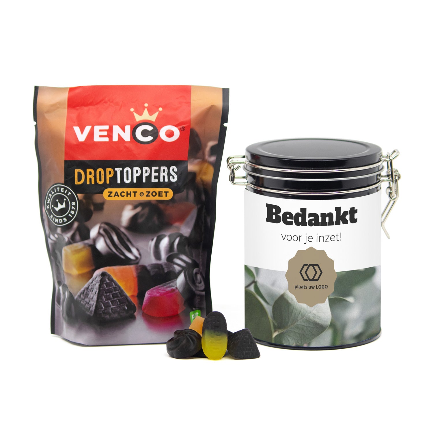 Droptoppers in een beugelblik met eigen wikkel- Zakelijk - Bedankjes.nl