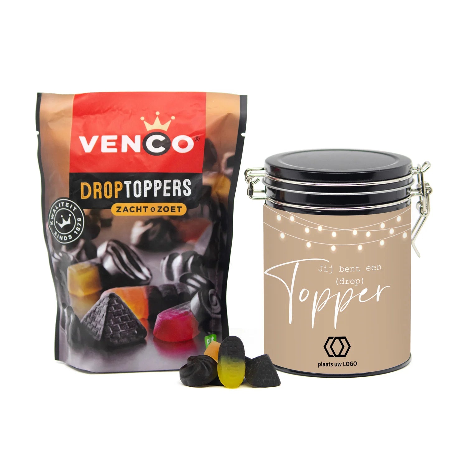 Droptoppers in een beugelblik met eigen wikkel- Vrijwilliger - Bedankjes.nl
