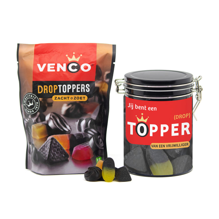 Droptoppers in een beugelblik met eigen wikkel- Vrijwilliger