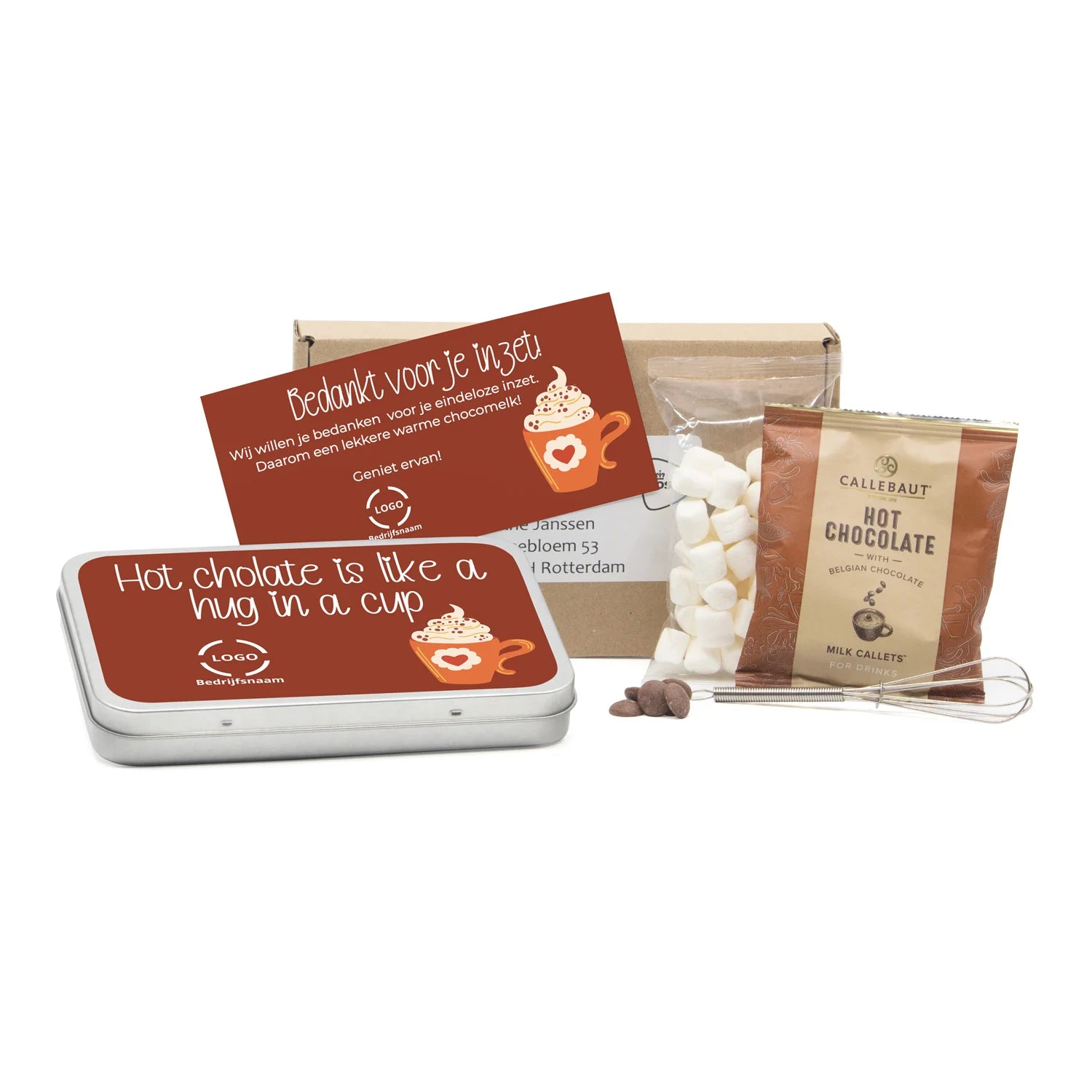 Hot Chocolate met eigen kaart in blik - Brievenbus