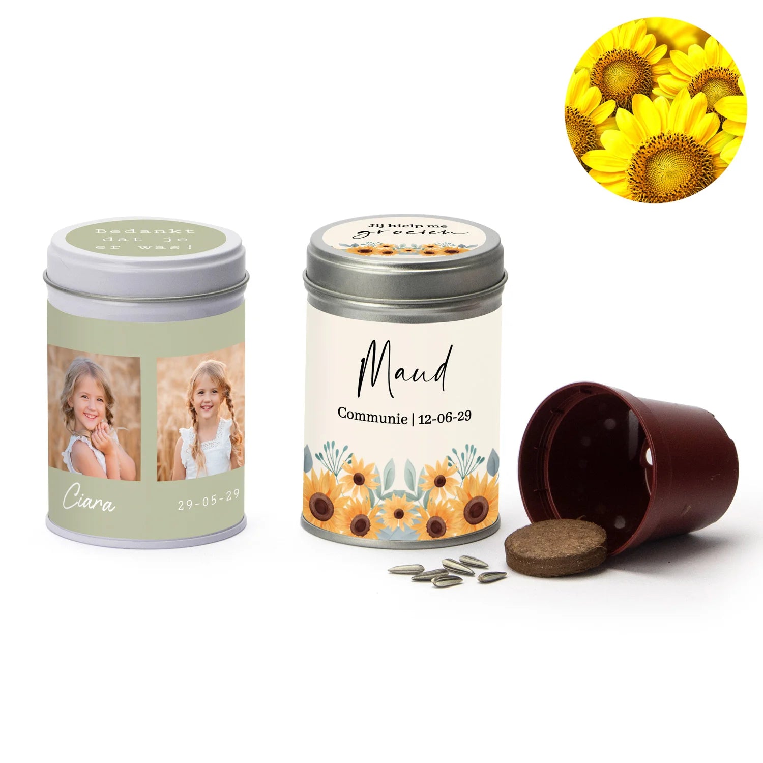 Zonnebloem in blikje - Communie meisjes