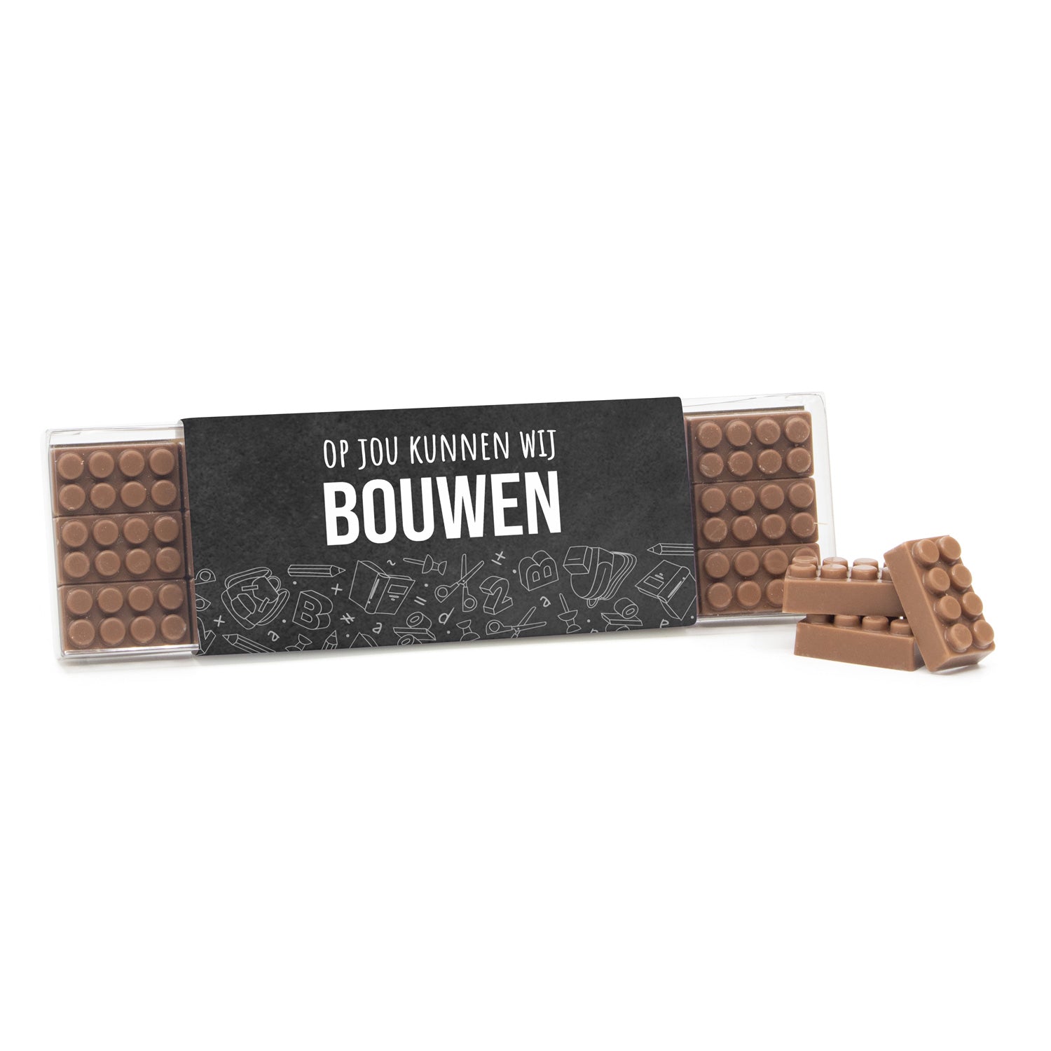 Blisterbox met 18 chocolade bouwstenen eigen sleeve - Leraar - Bedankjes.nl