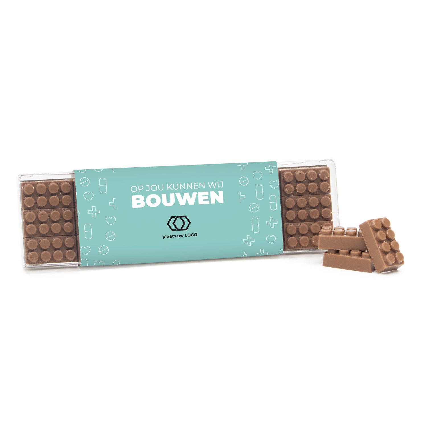Box met 18 chocolade bouwstenen eigen sleeve - Verpleging - Bedankjes.nl
