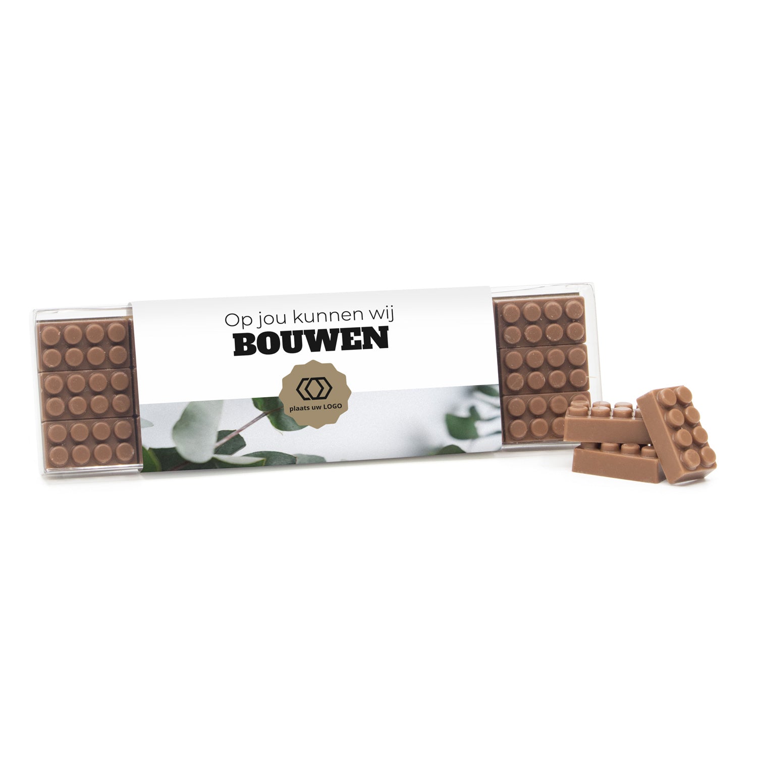 Box met 18 chocolade bouwstenen eigen sleeve - Zakelijk - Bedankjes.nl