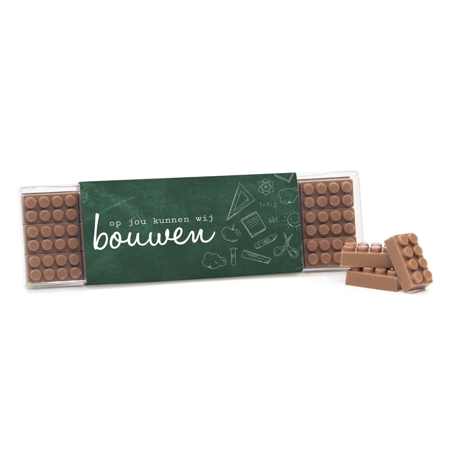 Blisterbox met 18 chocolade bouwstenen eigen sleeve - Leraar - Bedankjes.nl