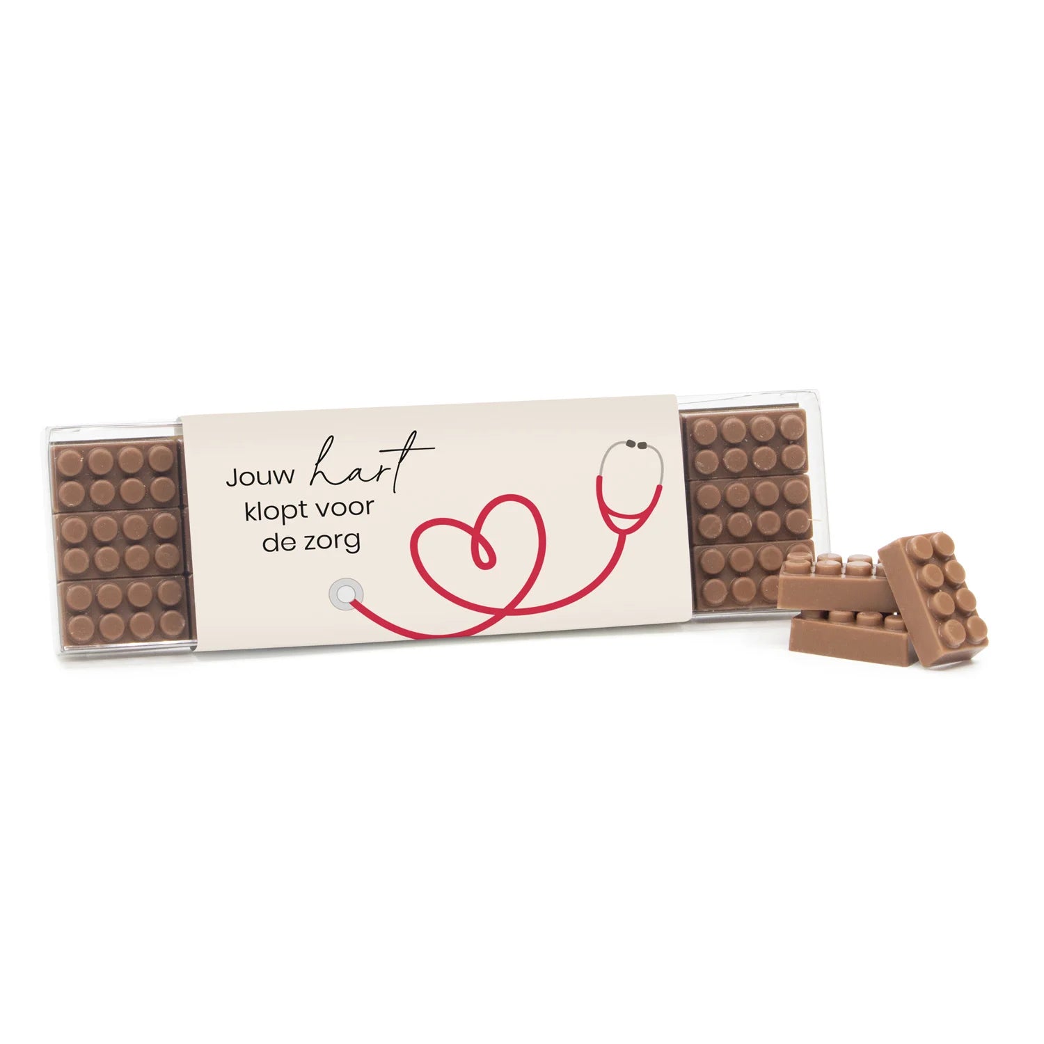 Box met 18 chocolade bouwstenen eigen sleeve - Verpleging - Bedankjes.nl