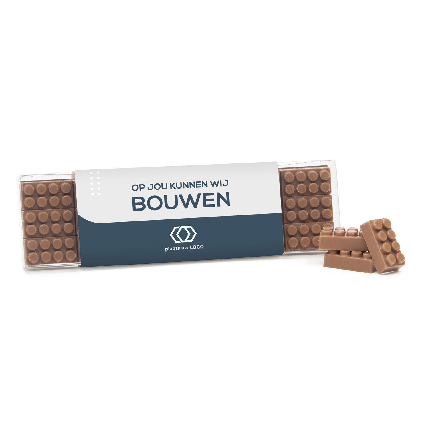 Box met 18 chocolade bouwstenen eigen sleeve - Zakelijk - Bedankjes.nl