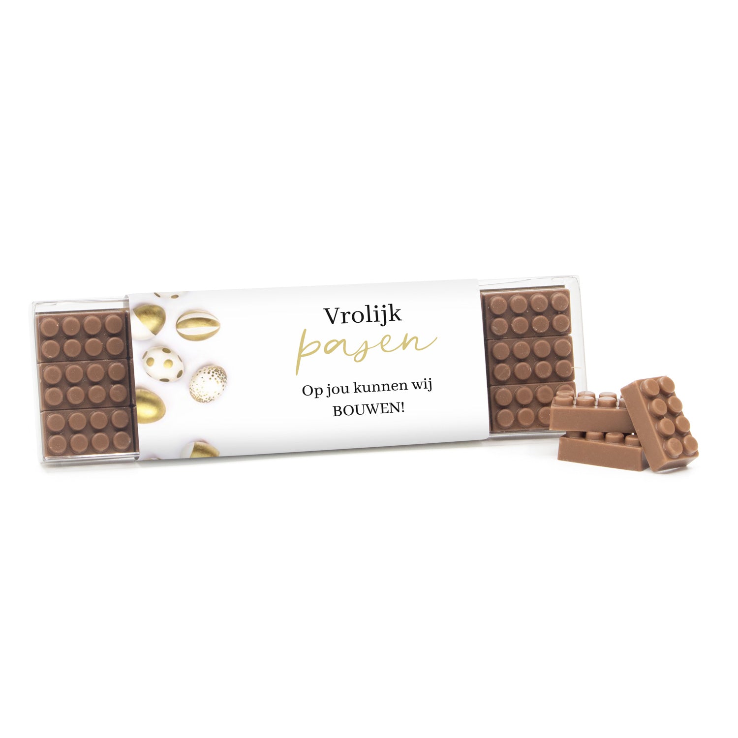 Box met 18 chocolade bouwstenen eigen sleeve - Pasen - Bedankjes.nl