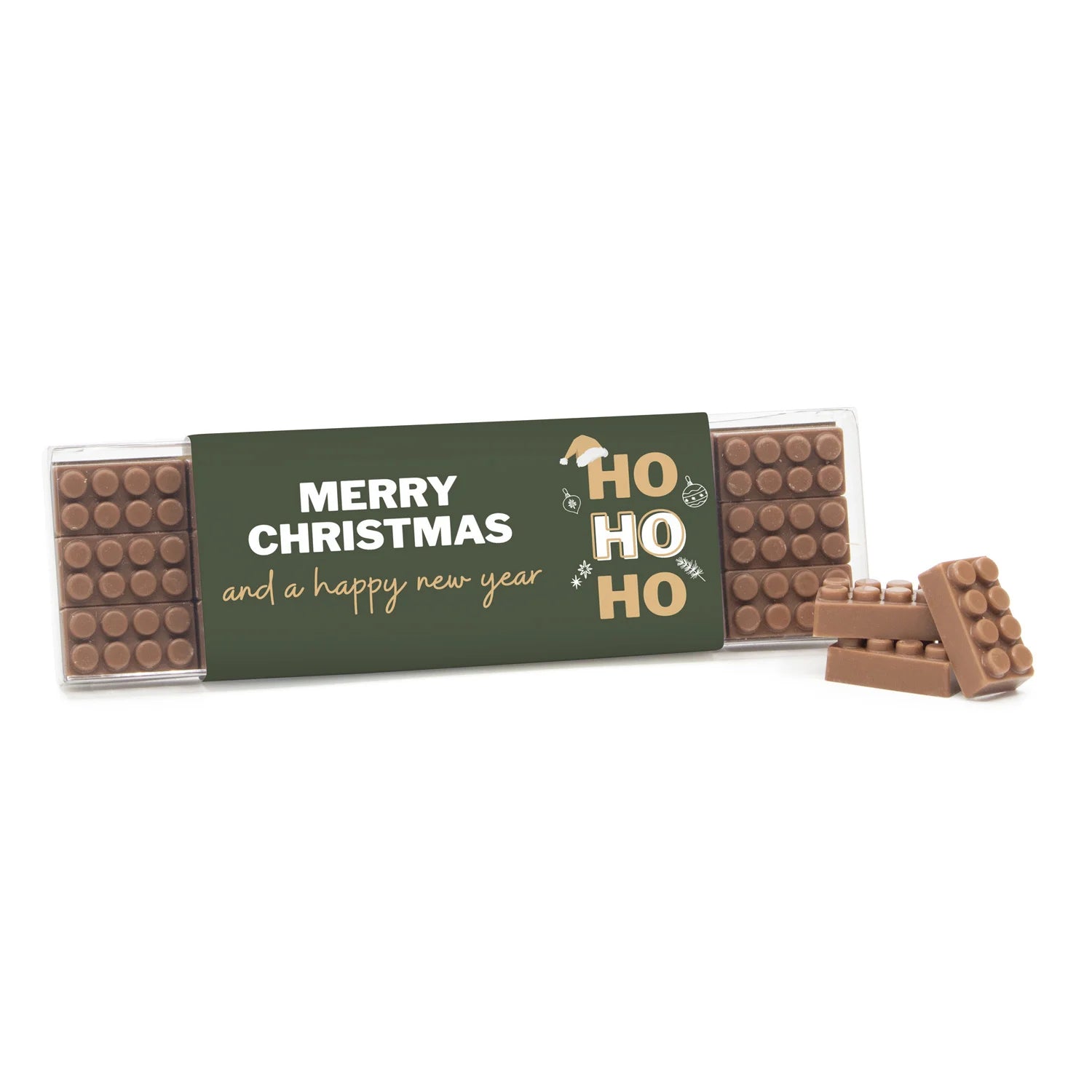 Box met 18 chocolade bouwstenen eigen sleeve - Kerst - Bedankjes.nl
