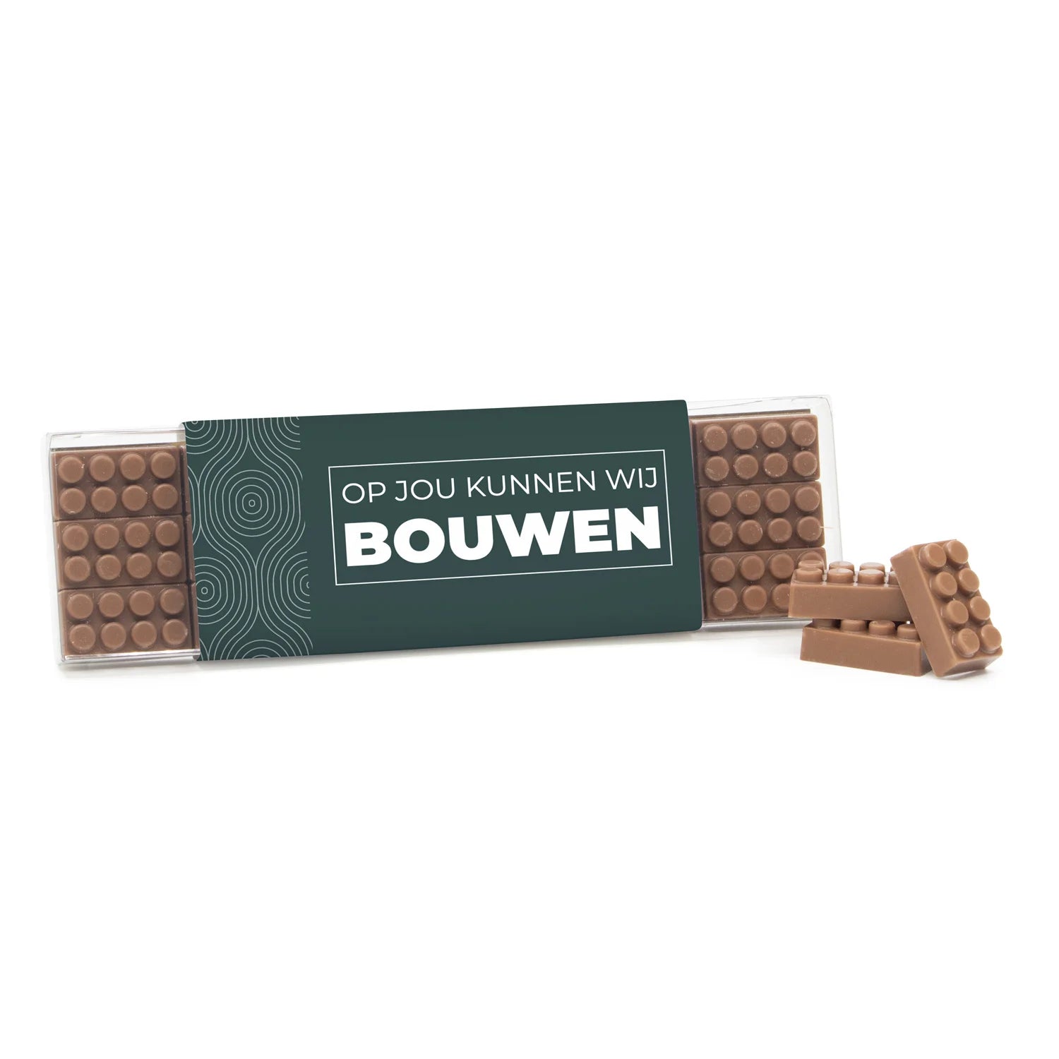 Box met 18 chocolade bouwstenen eigen sleeve - Zakelijk - Bedankjes.nl