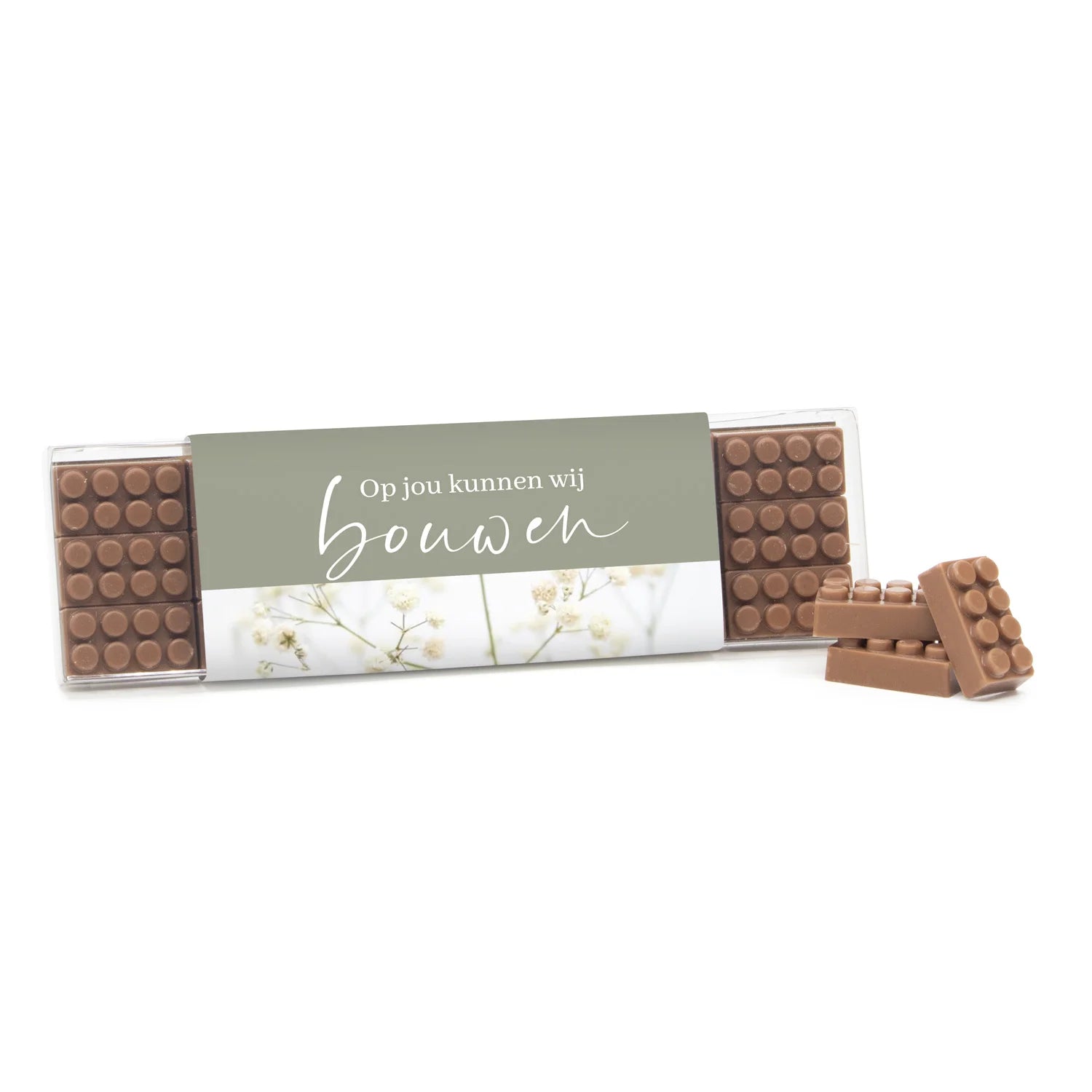 Blisterbox met 18 chocolade bouwstenen eigen sleeve - Vrijwilliger - Bedankjes.nl