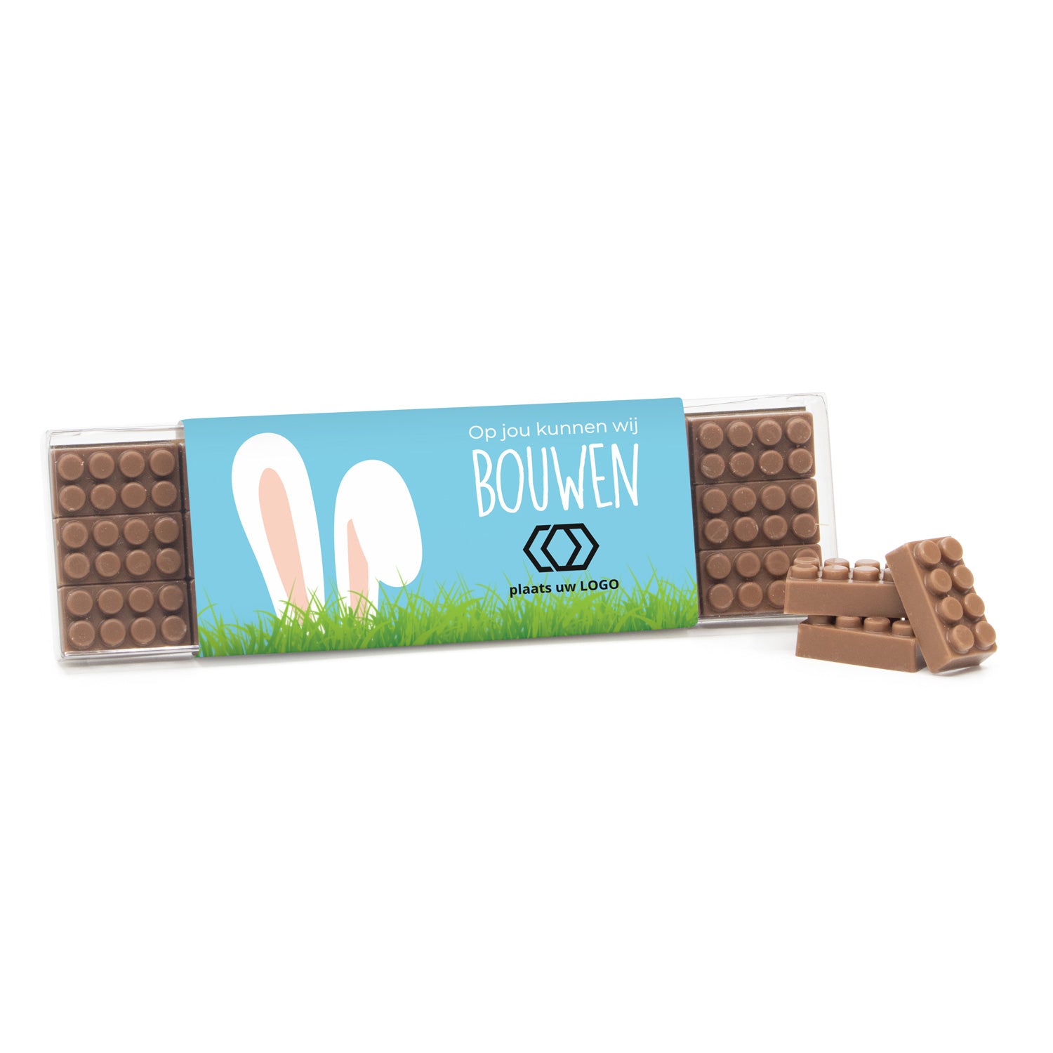 Box met 18 chocolade bouwstenen eigen sleeve - Pasen - Bedankjes.nl
