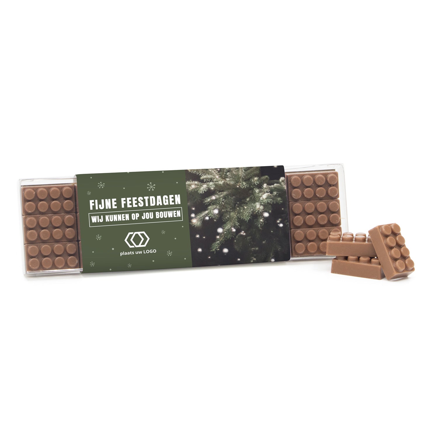 Box met 18 chocolade bouwstenen eigen sleeve - Kerst - Bedankjes.nl