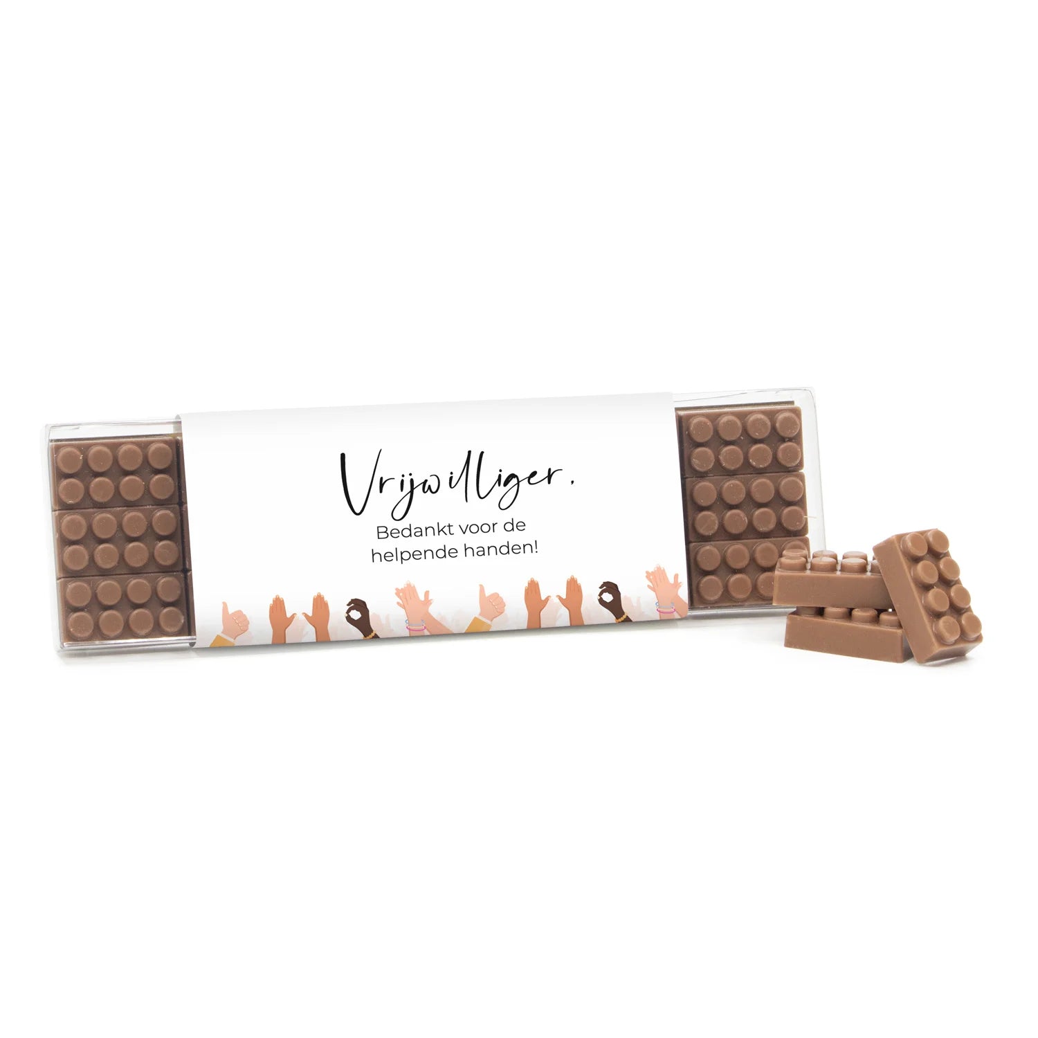 Blisterbox met 18 chocolade bouwstenen eigen sleeve - Vrijwilliger - Bedankjes.nl