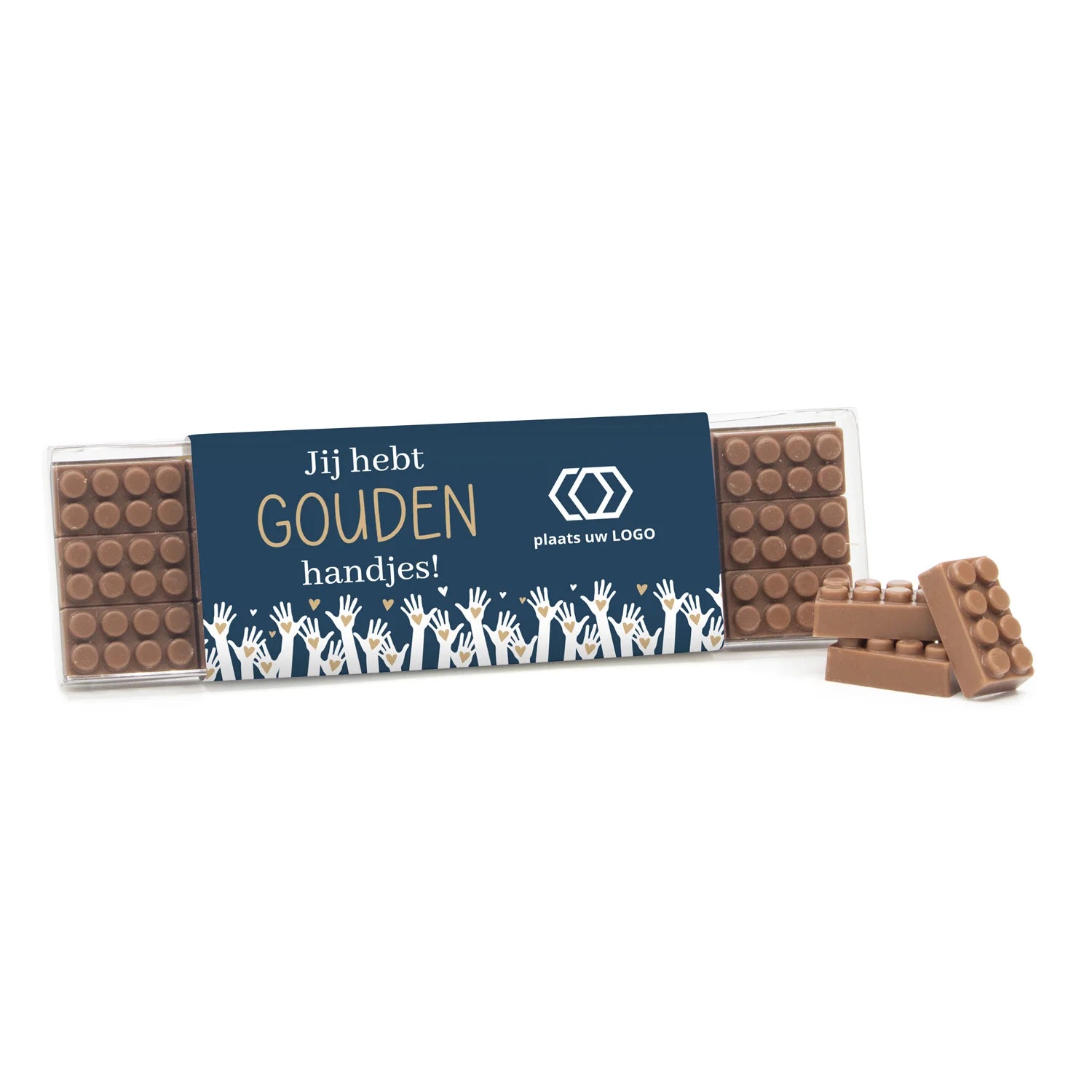 Blisterbox met 18 chocolade bouwstenen eigen sleeve - Vrijwilliger