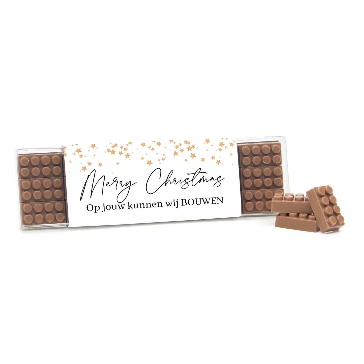 Box met 18 chocolade bouwstenen eigen sleeve - Kerst - Bedankjes.nl
