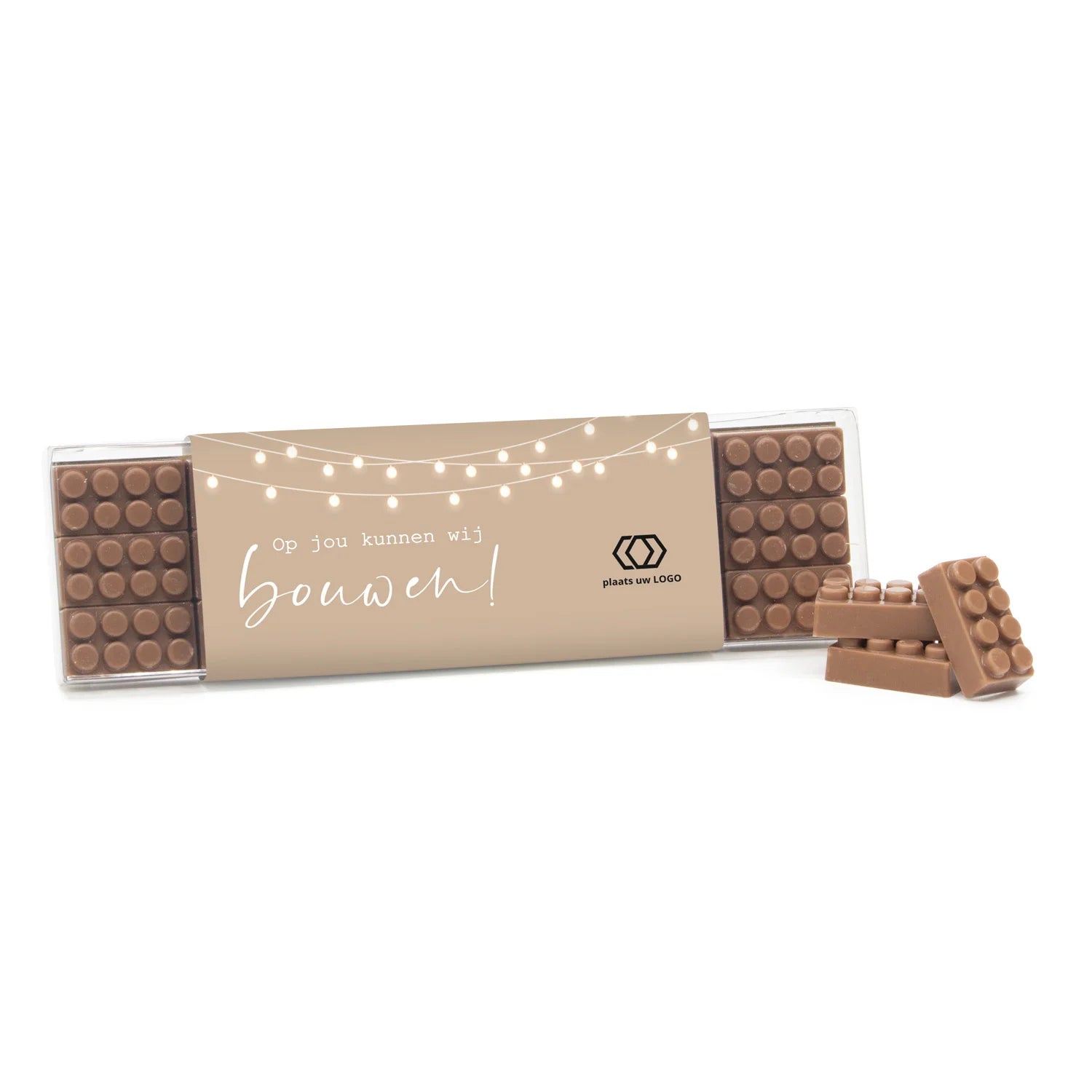 Blisterbox met 18 chocolade bouwstenen eigen sleeve - Vrijwilliger - Bedankjes.nl