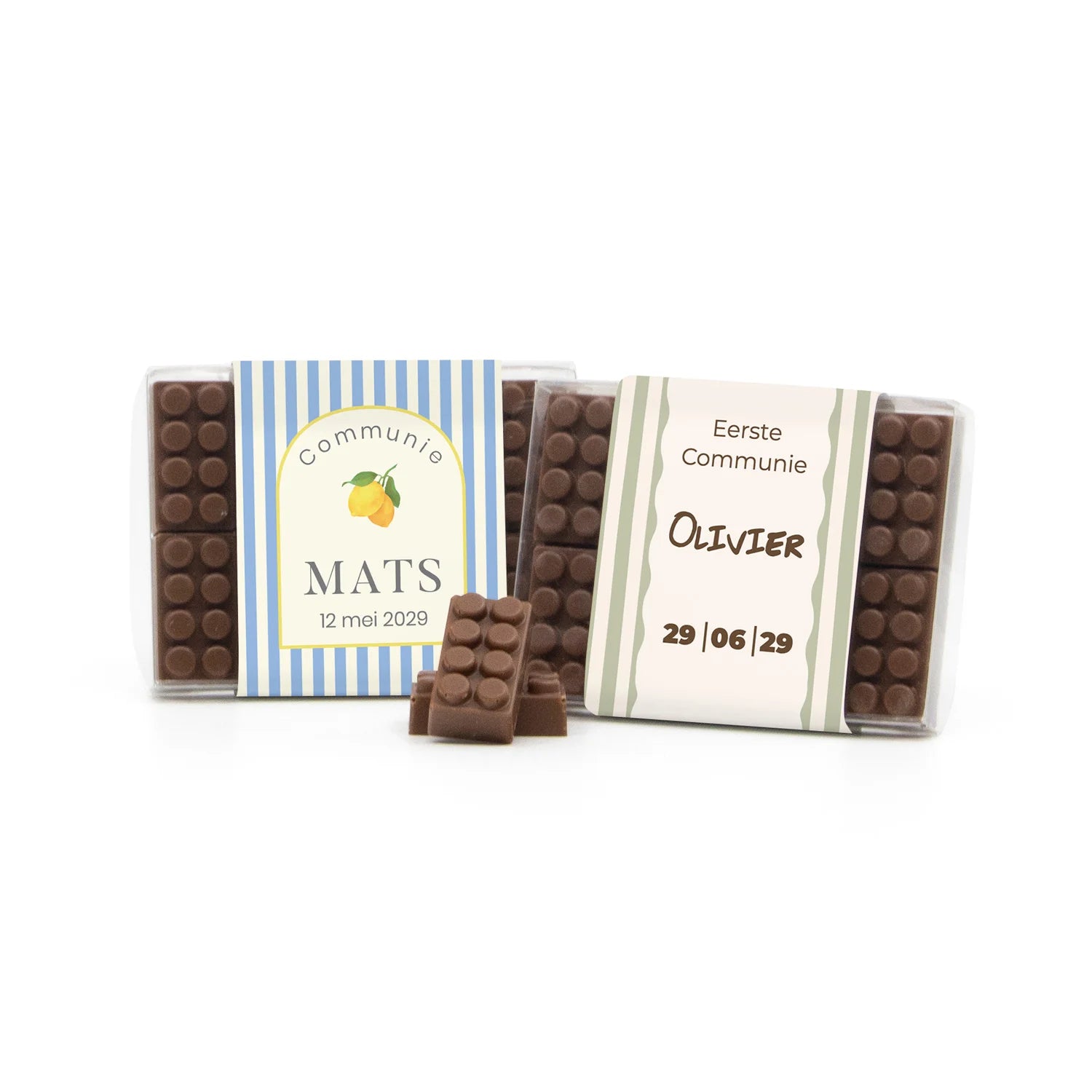 Chocolade bouwstenen met eigen sleeve - Communie Jongen