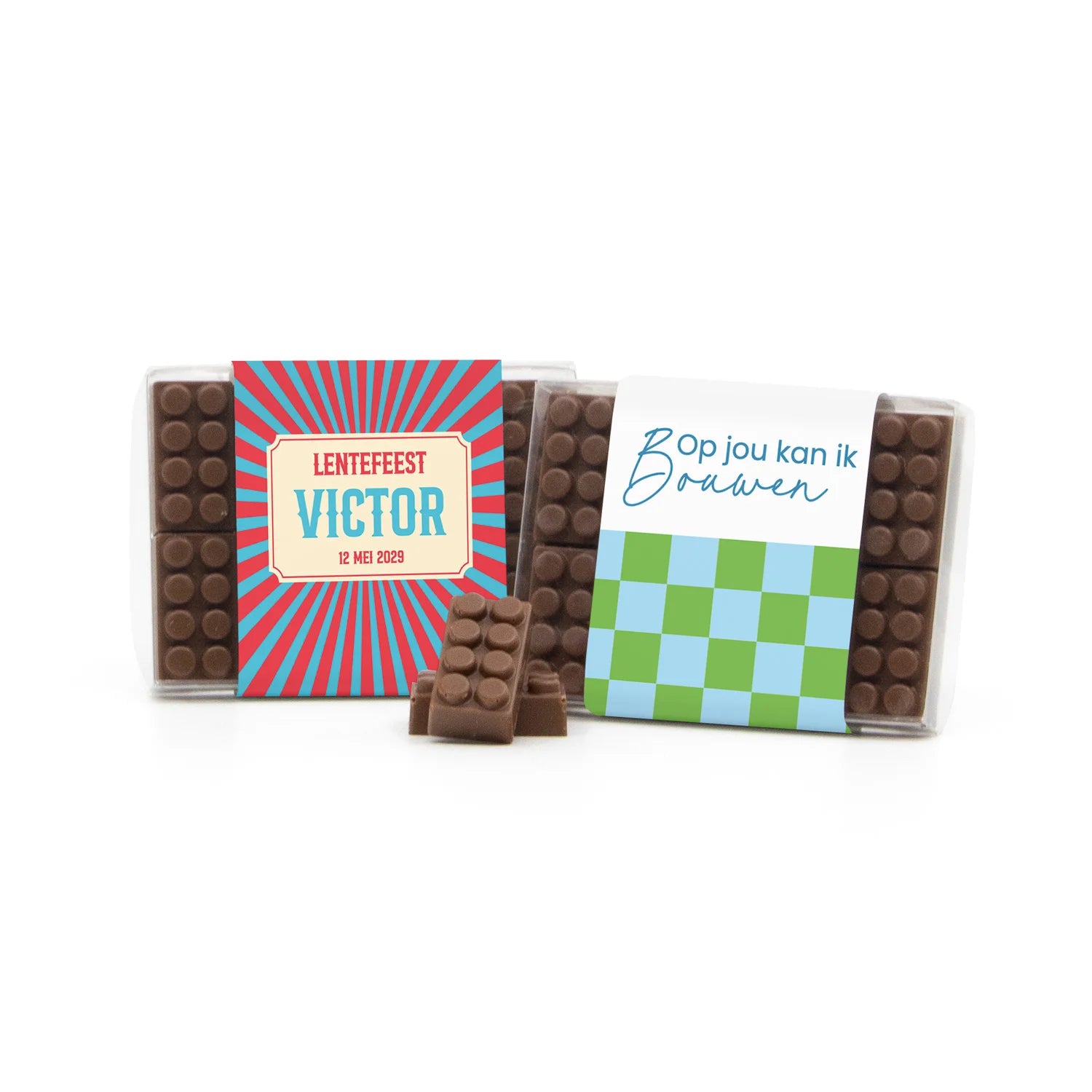 Chocolade bouwstenen met eigen sleeve - Communie Jongen