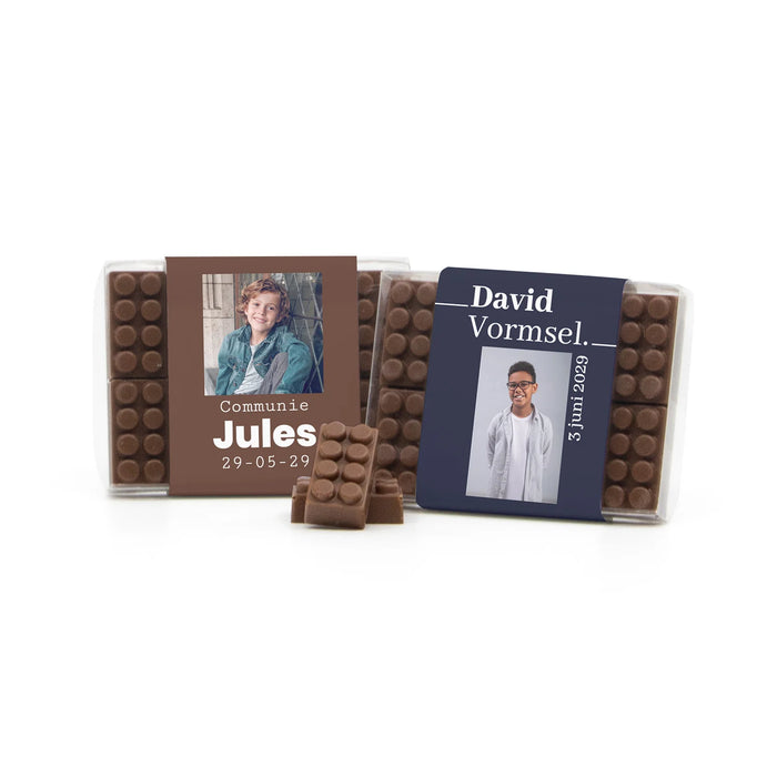 Chocolade bouwstenen met eigen sleeve - Communie Jongen