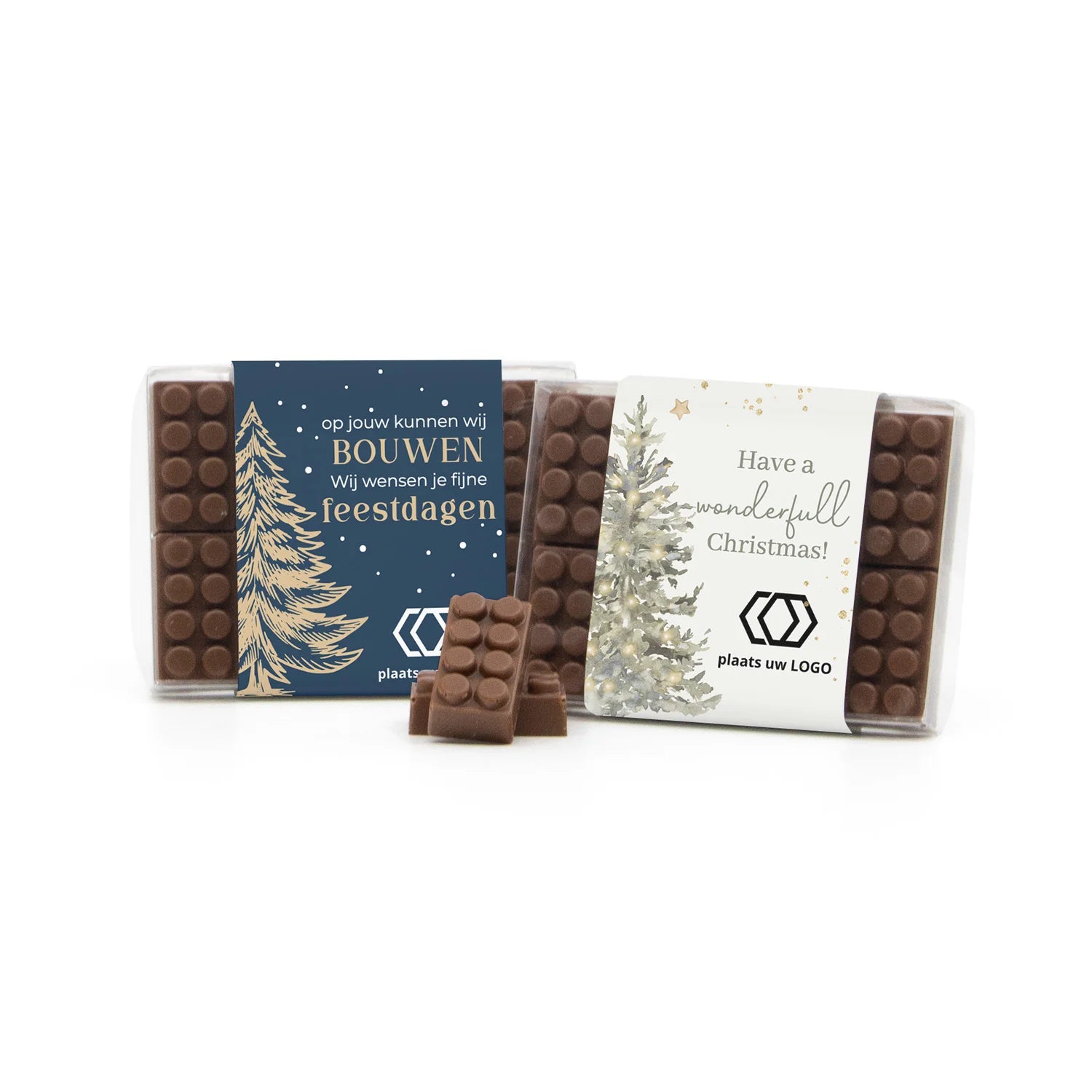 Doosje met 10 chocolade bouwstenen eigen sleeve - Kerst - Bedankjes.nl