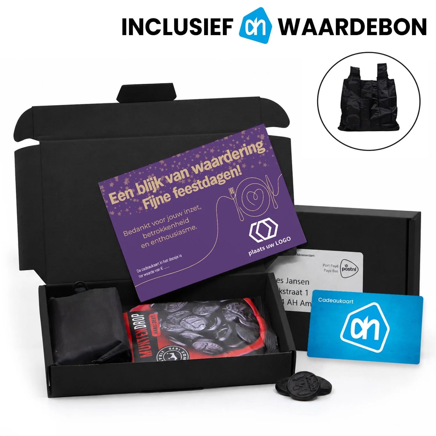 AH pakketje met cadeaubon, muntdrop en tasje - Kerst