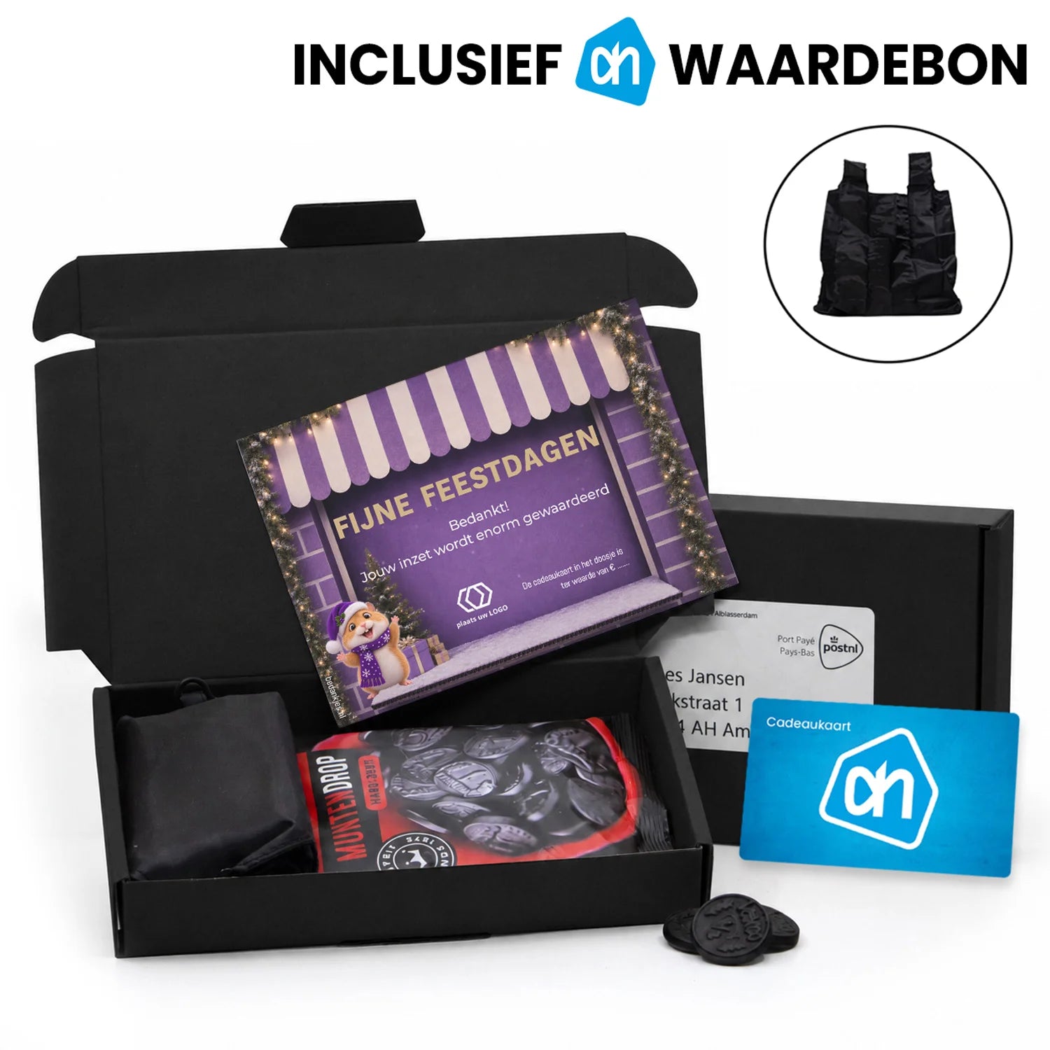 AH pakketje met cadeaubon, muntdrop en tasje - Kerst