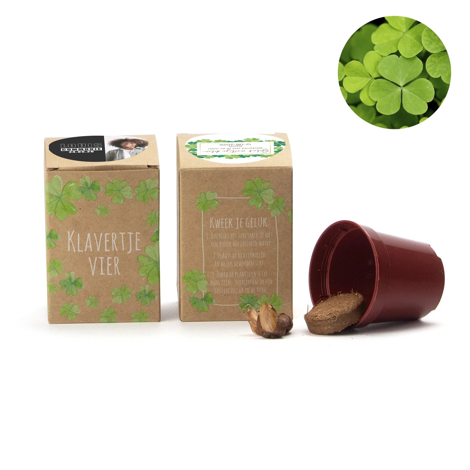 Klavertje vier kweekset met eigen etiket - Communie jongen - Bedankjes.nl