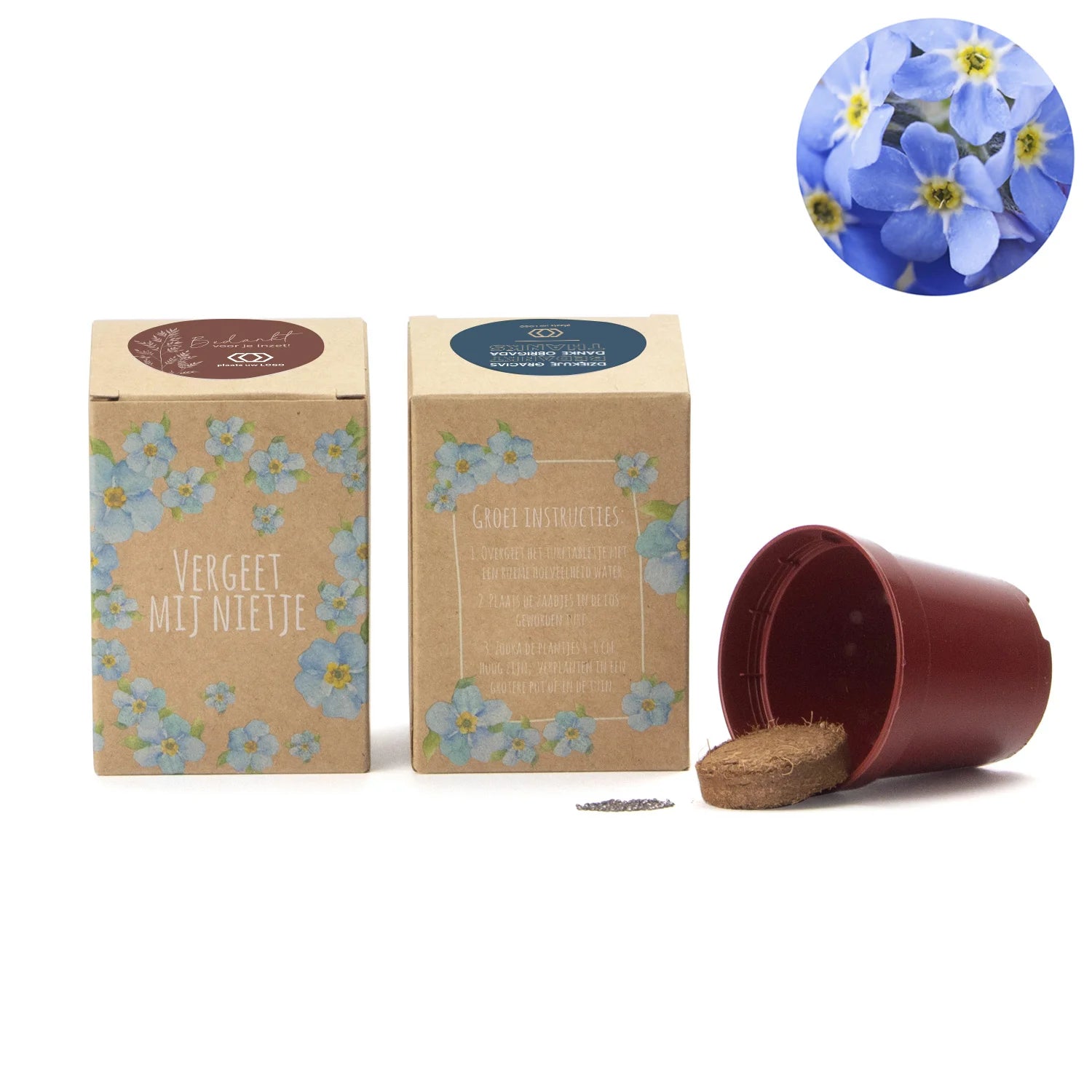 Vergeet mij nietjes kweekset met eigen etiket - Bedankjes.nl