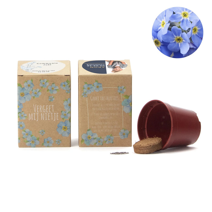 Vergeet mij nietjes kweekset met eigen etiket - Communie jongen