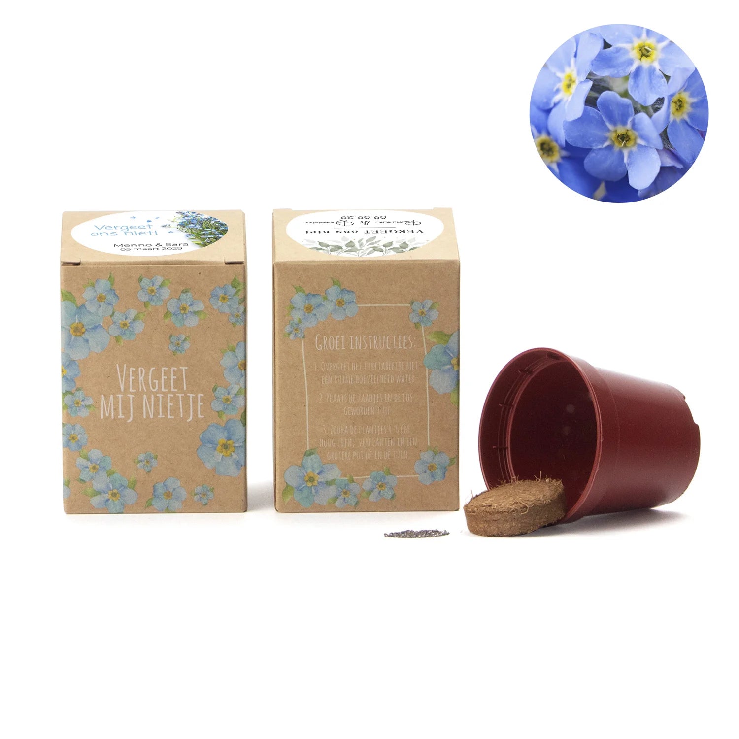 Vergeet mij nietjes kweekset met eigen etiket - Trouwen - Bedankjes.nl