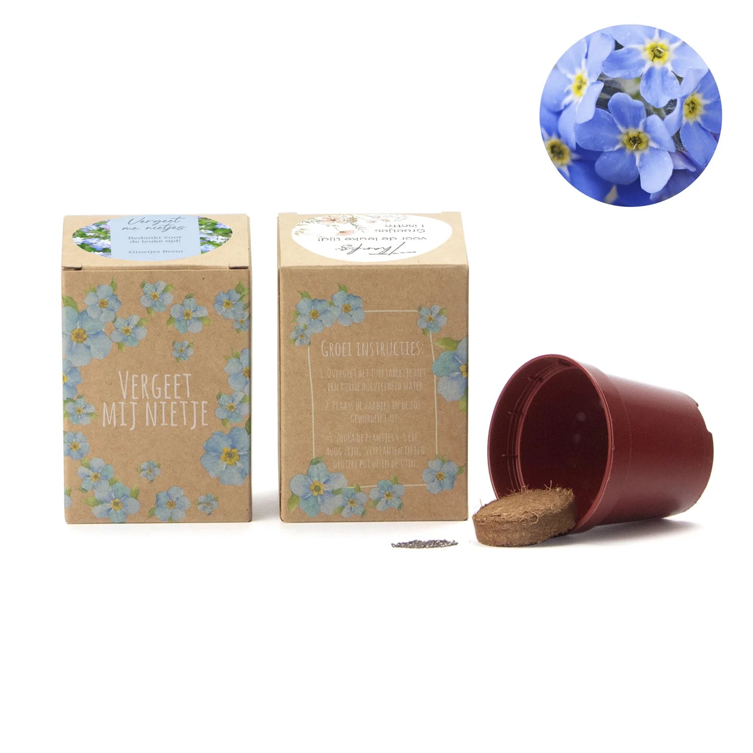 Vergeet mij nietjes kweekset met eigen etiket - Afscheid collega - Bedankjes.nl