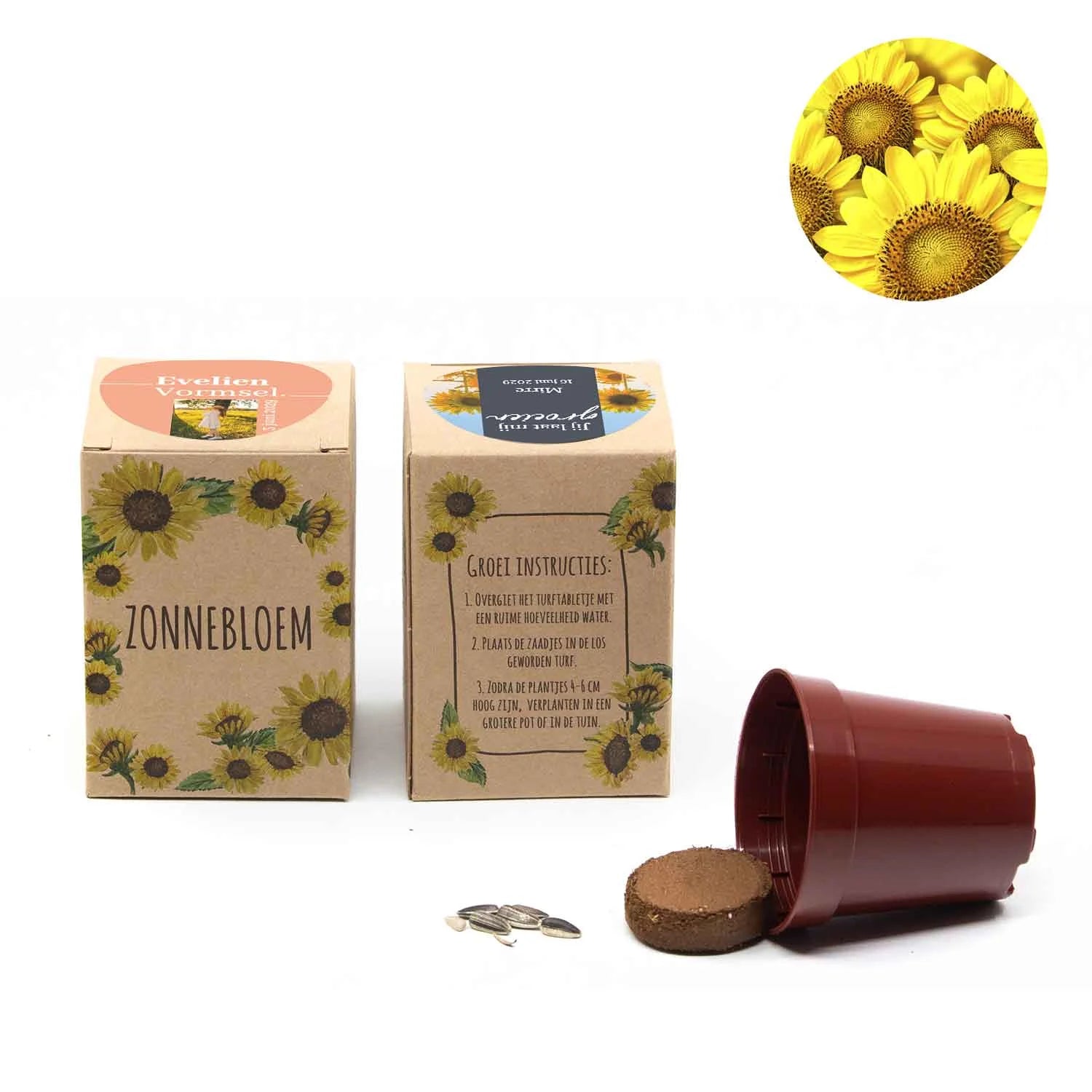 Zonnebloem kweekset met eigen etiket - Communie meisje