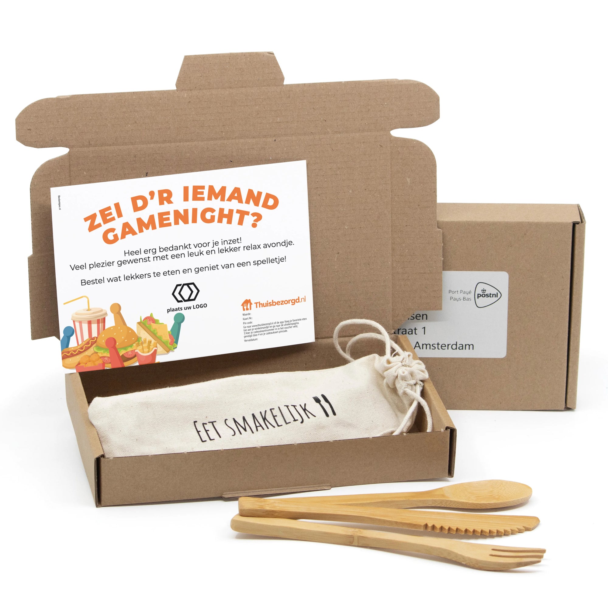 Eetsmakelijk pakketje met persoonlijke kaart – Thuisbezorgd