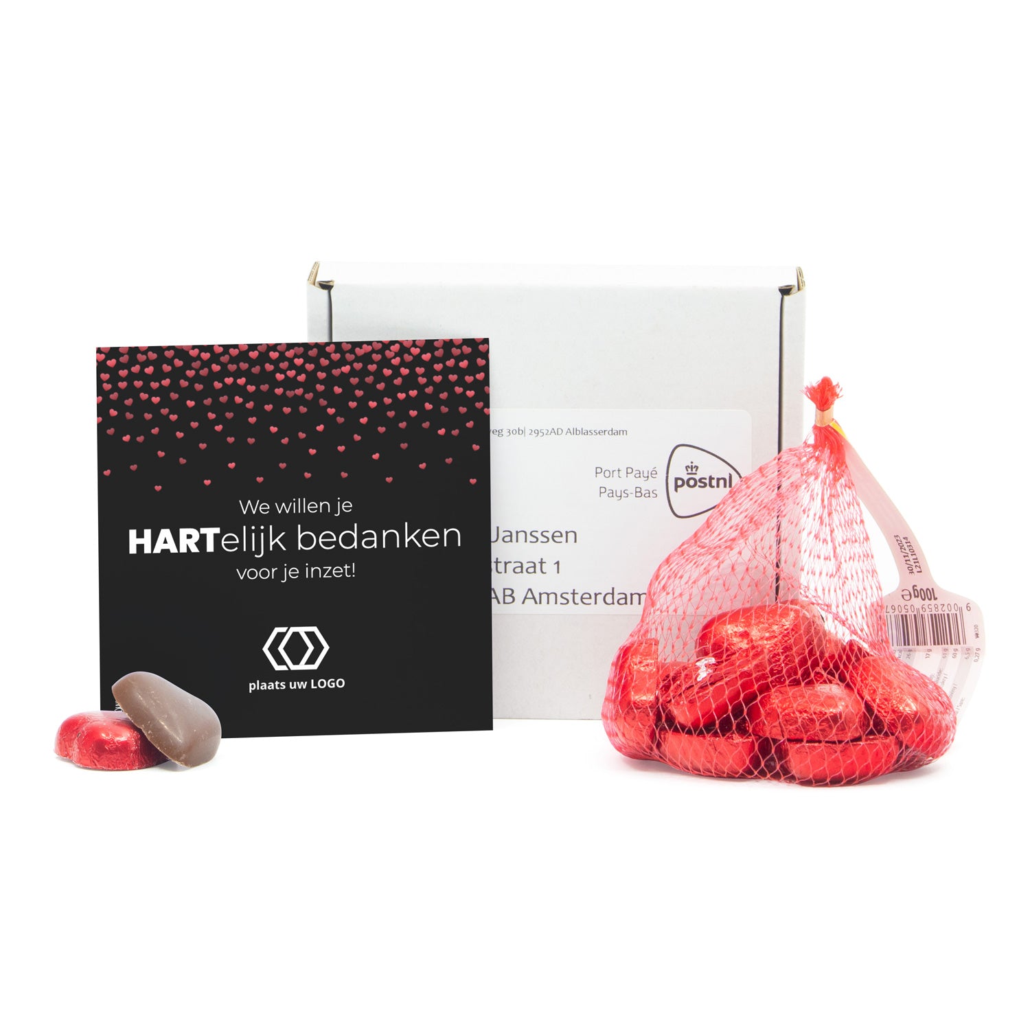 Doosje met chocolade harten in netje en kaart - Brievenbus - Bedankjes.nl