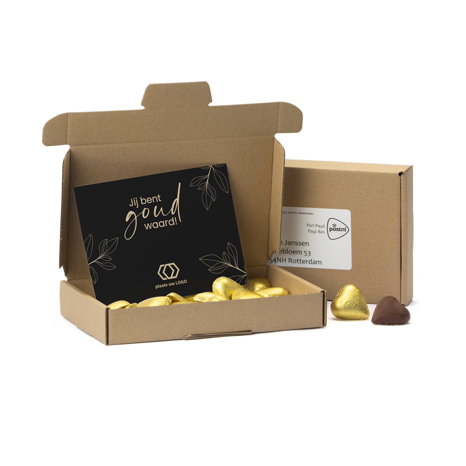 Maildoosje met gouden chocoladehartjes - Verpleging - Bedankjes.nl