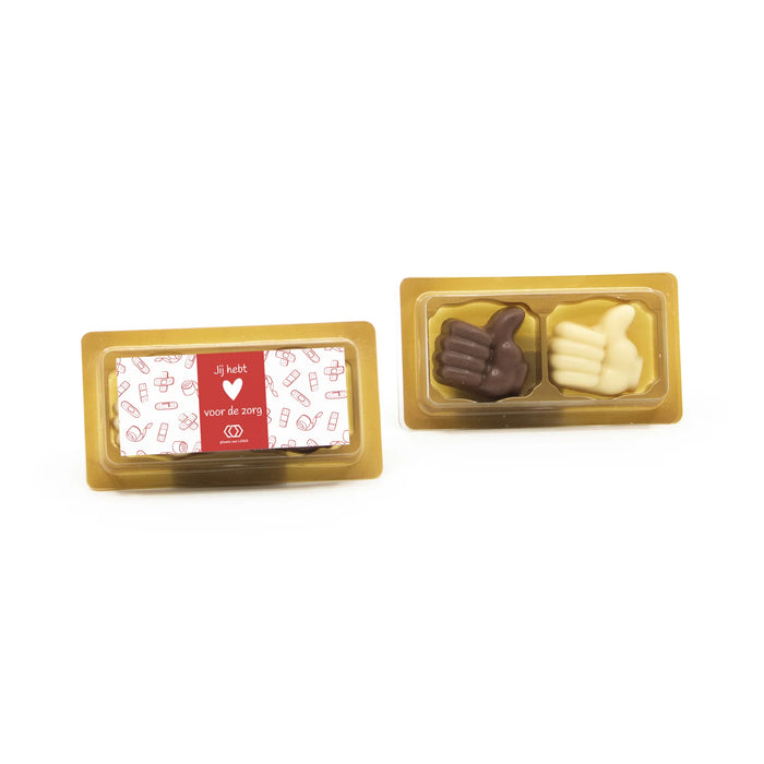 Doosje 2 chocolade duimpjes met eigen etiket
