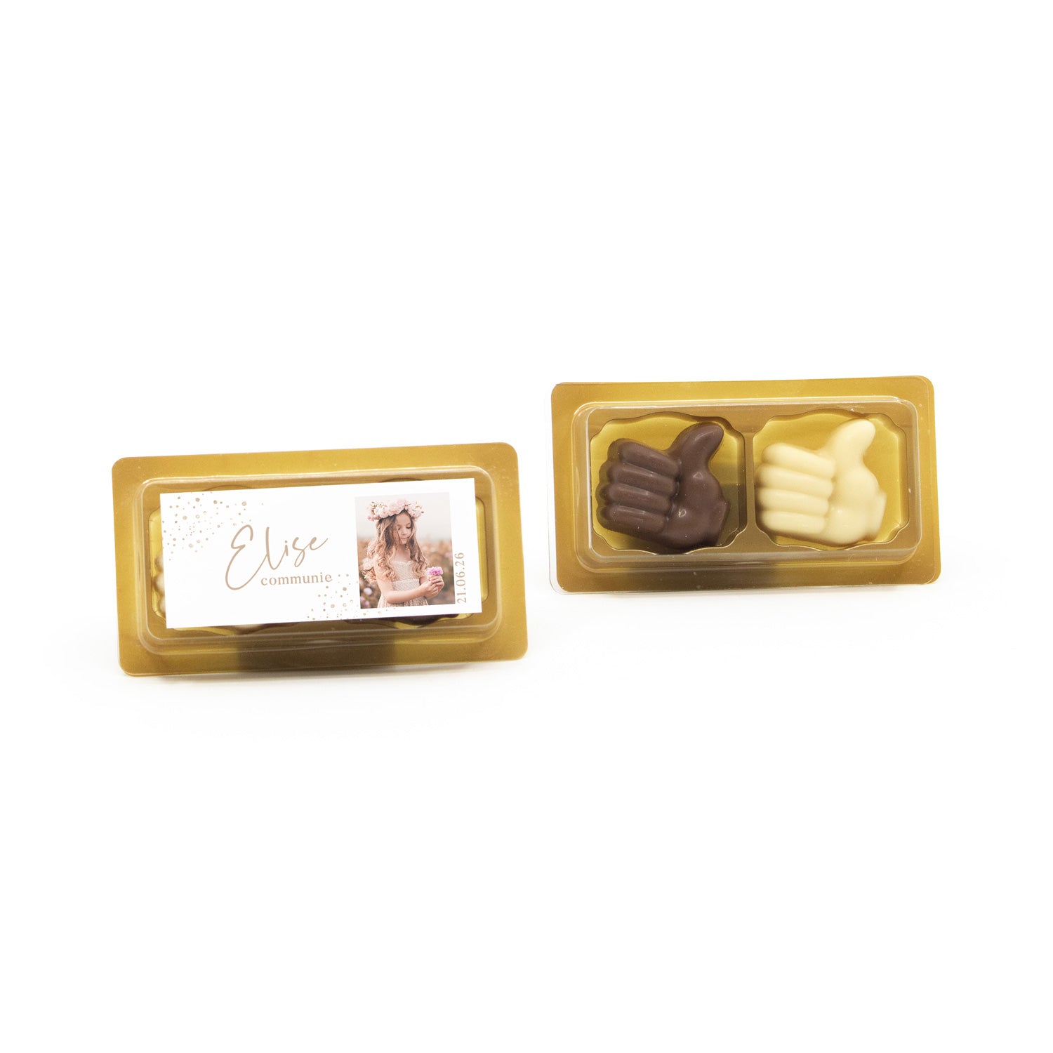 Doosje chocolade duimpjes 2 met eigen etiket - Communie meisjes - Bedankjes.nl
