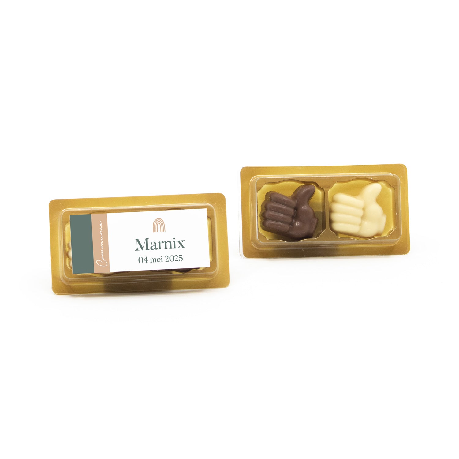 Doosje chocolade duimpjes 2 met eigen etiket - Communie jongens - Bedankjes.nl