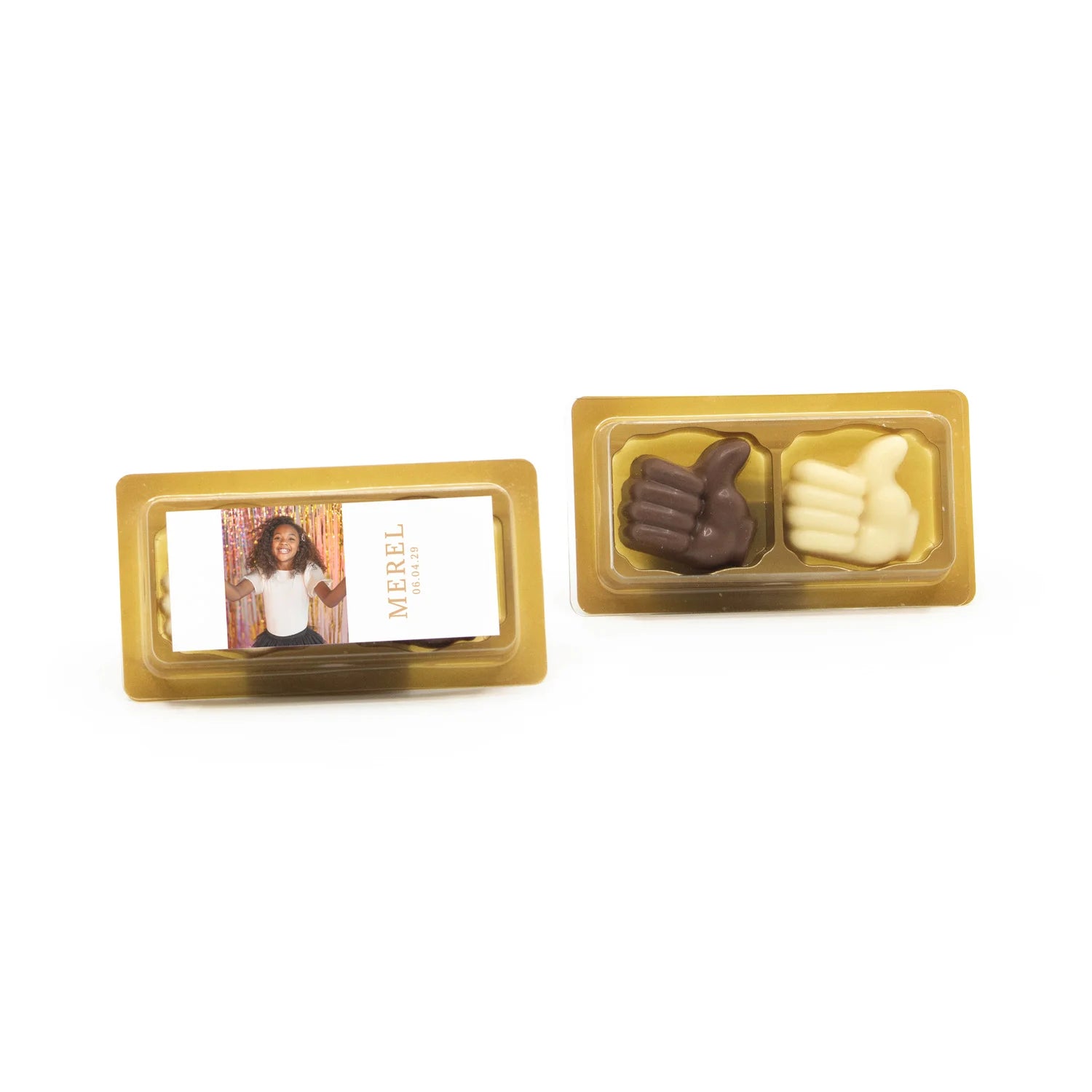 Doosje 2 chocolade duimpjes met eigen etiket - Communie meisjes