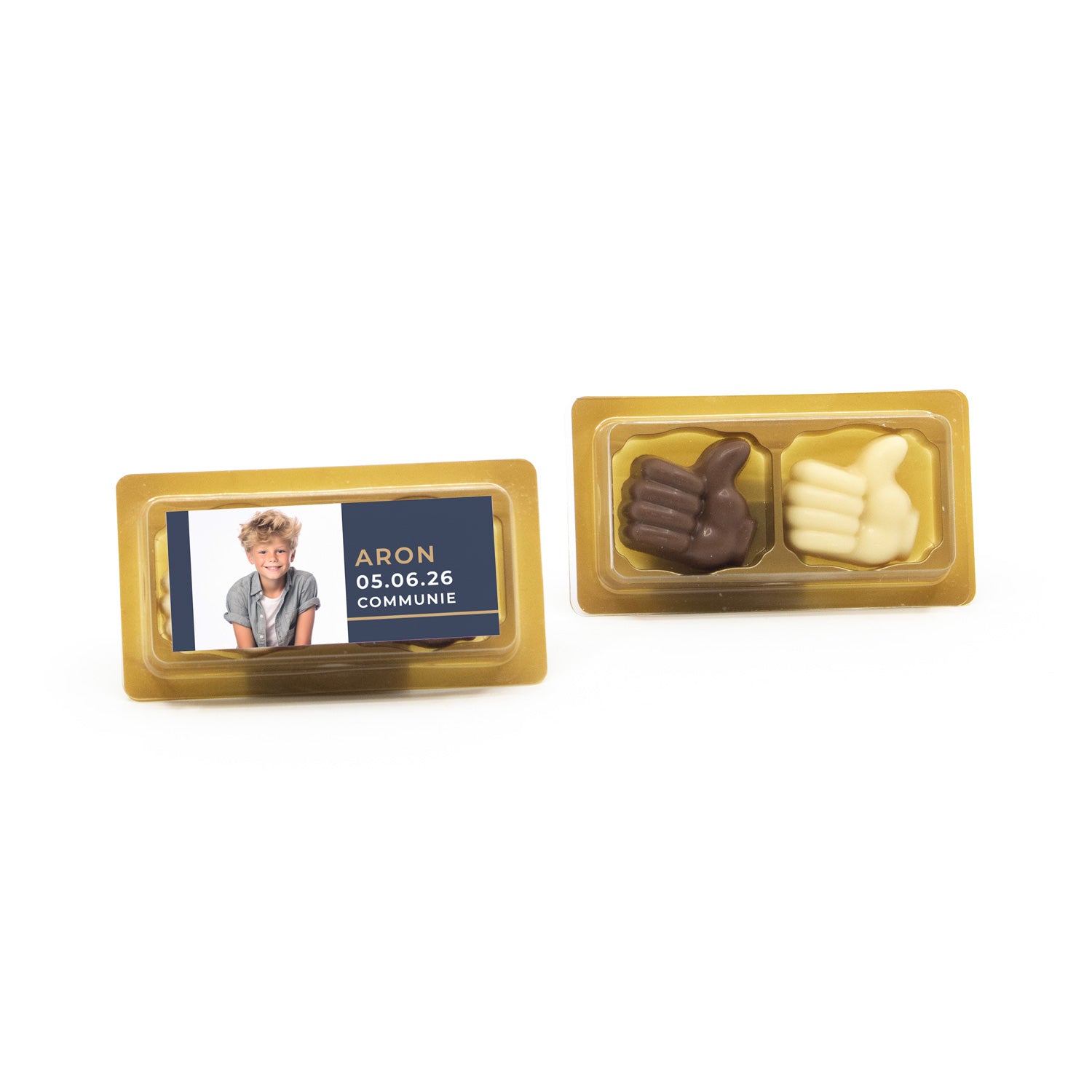 Doosje chocolade duimpjes 2 met eigen etiket - Communie jongens - Bedankjes.nl