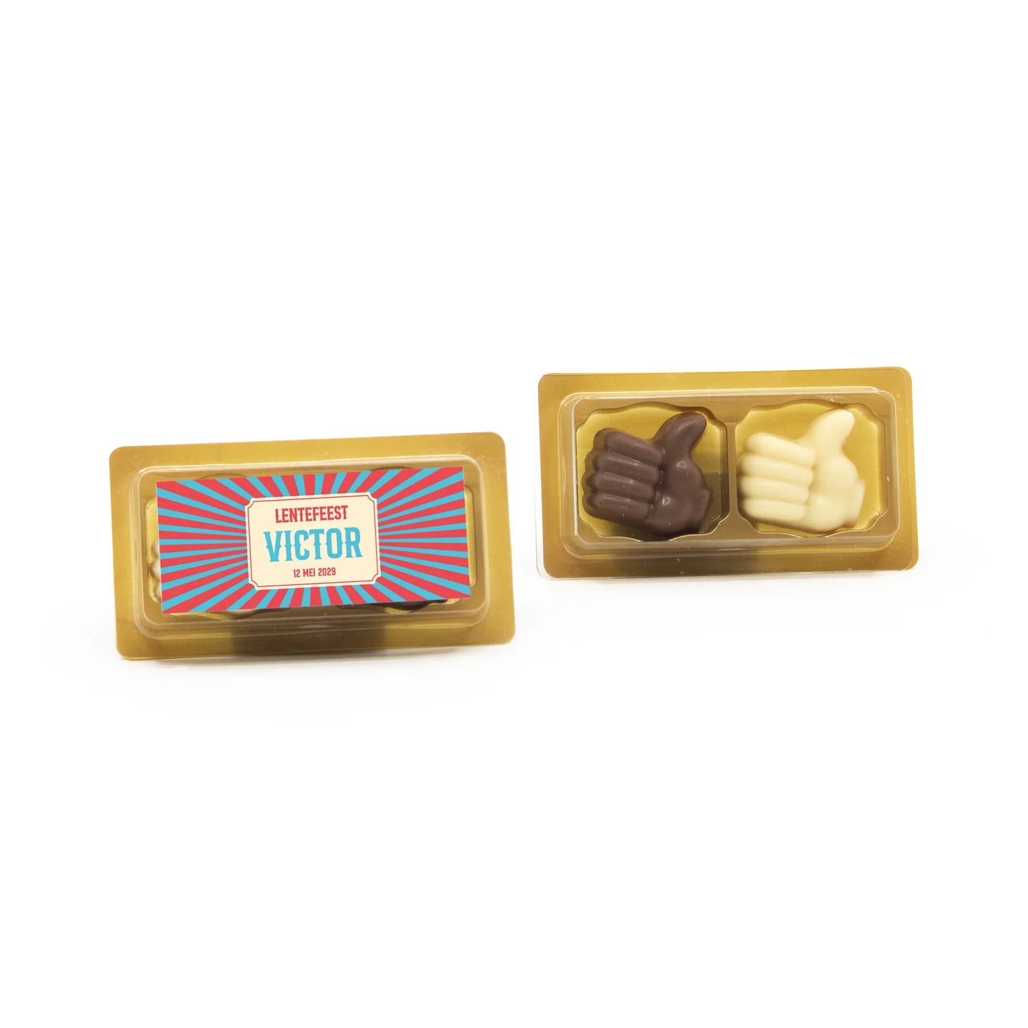 Doosje chocolade duimpjes 2 met eigen etiket - Communie jongens