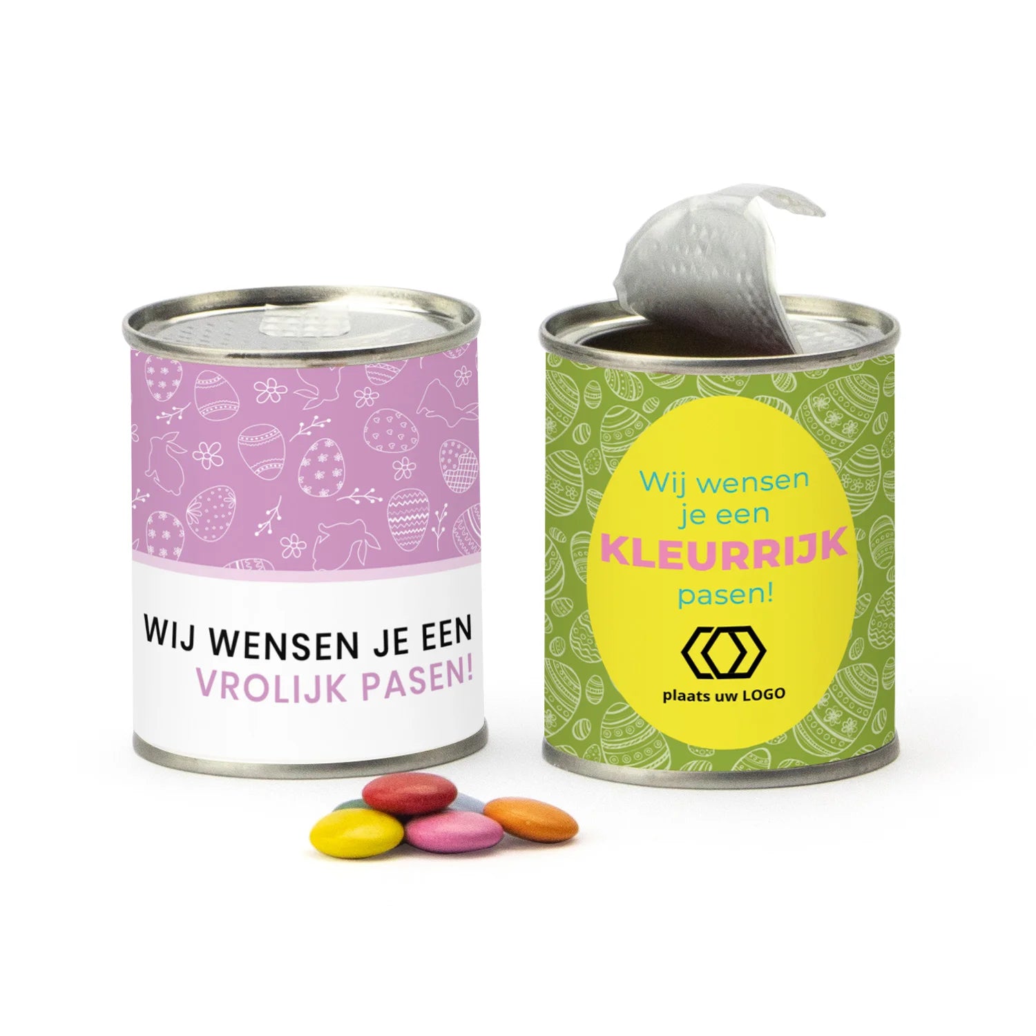 Blikje chocofeest met eigen wikkel - Pasen - Bedankjes.nl